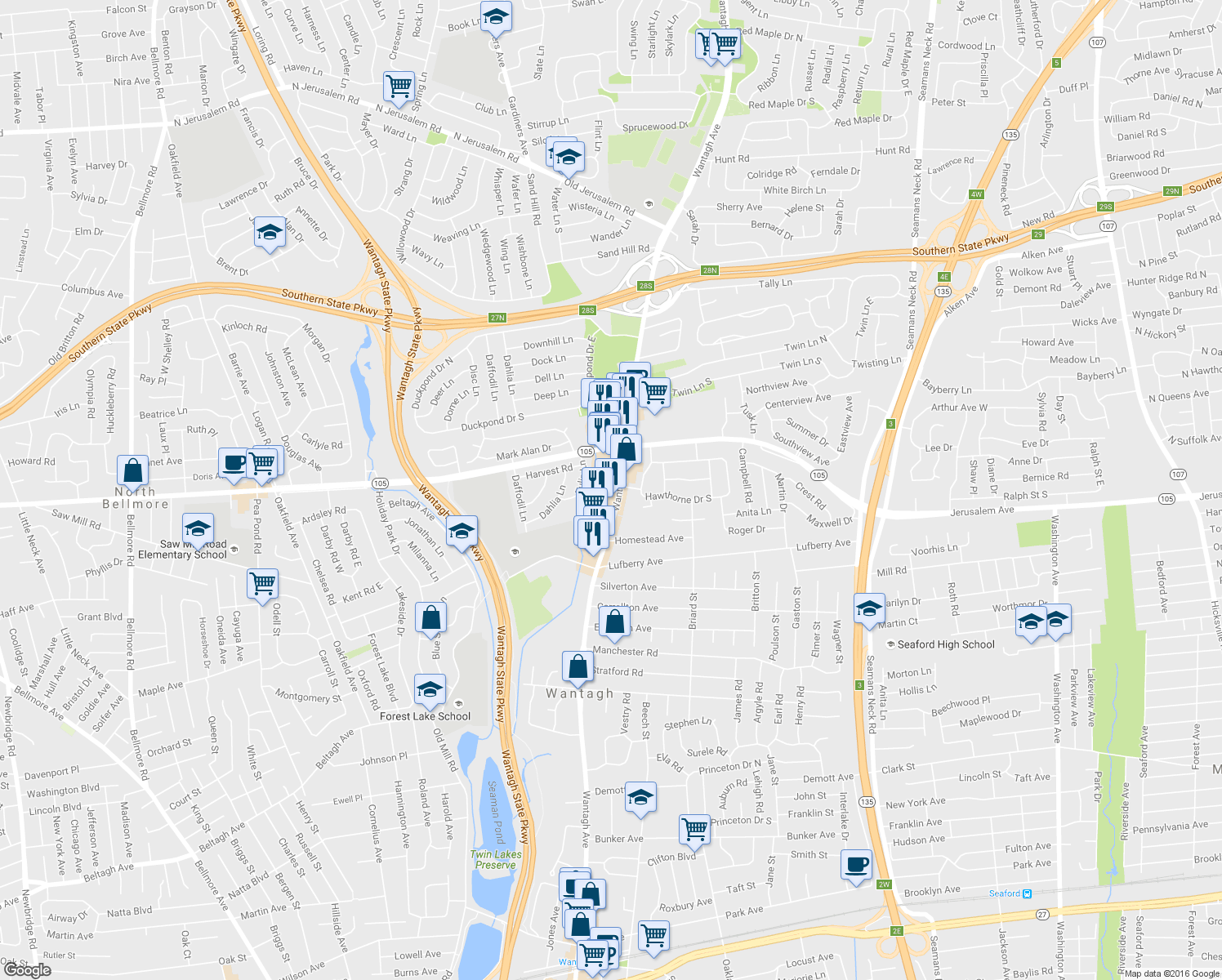 map of restaurants, bars, coffee shops, grocery stores, and more near 1260 Wantagh Ave in Wantagh