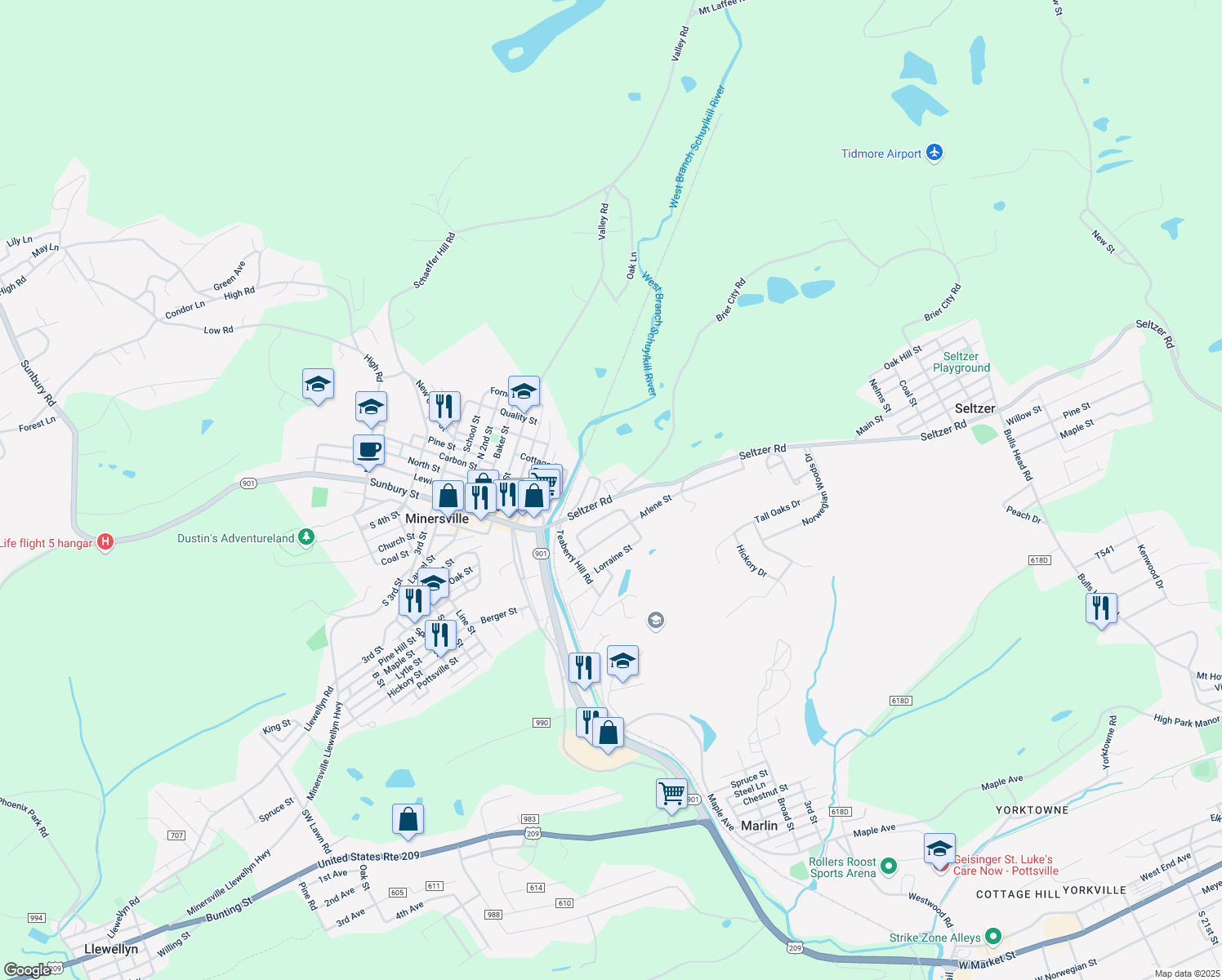 map of restaurants, bars, coffee shops, grocery stores, and more near 8 Gallo Row in Minersville