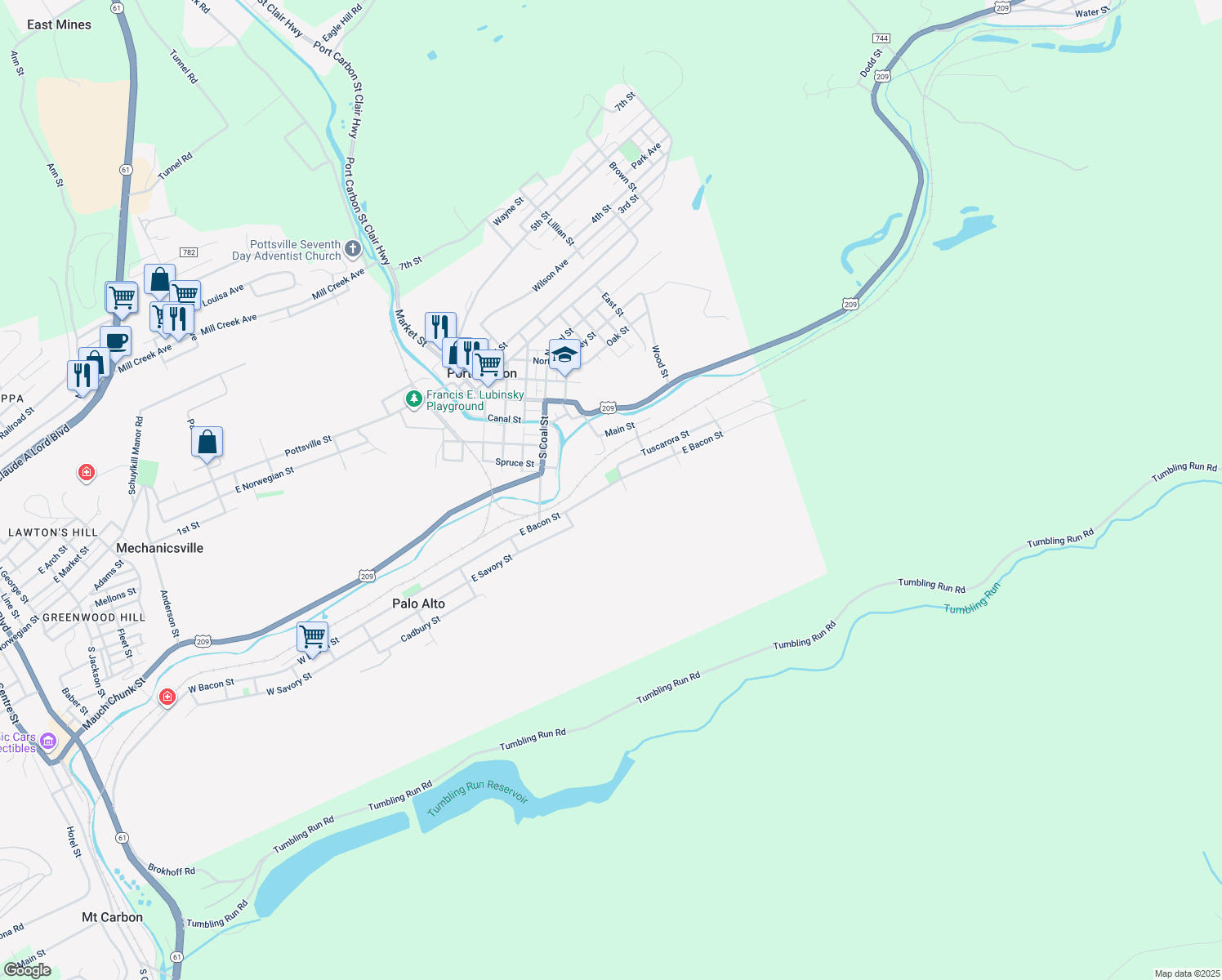 map of restaurants, bars, coffee shops, grocery stores, and more near 462 East Bacon Street in Pottsville