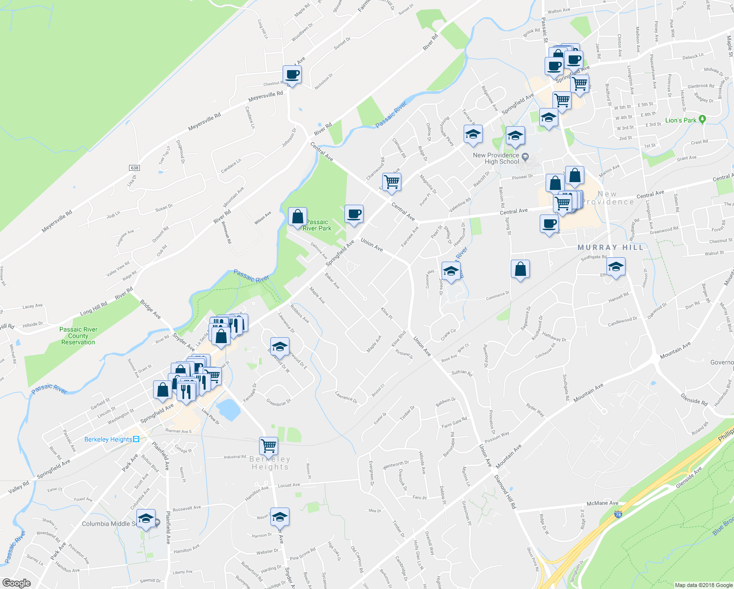 map of restaurants, bars, coffee shops, grocery stores, and more near 46 Meadowview Lane in Berkeley Heights
