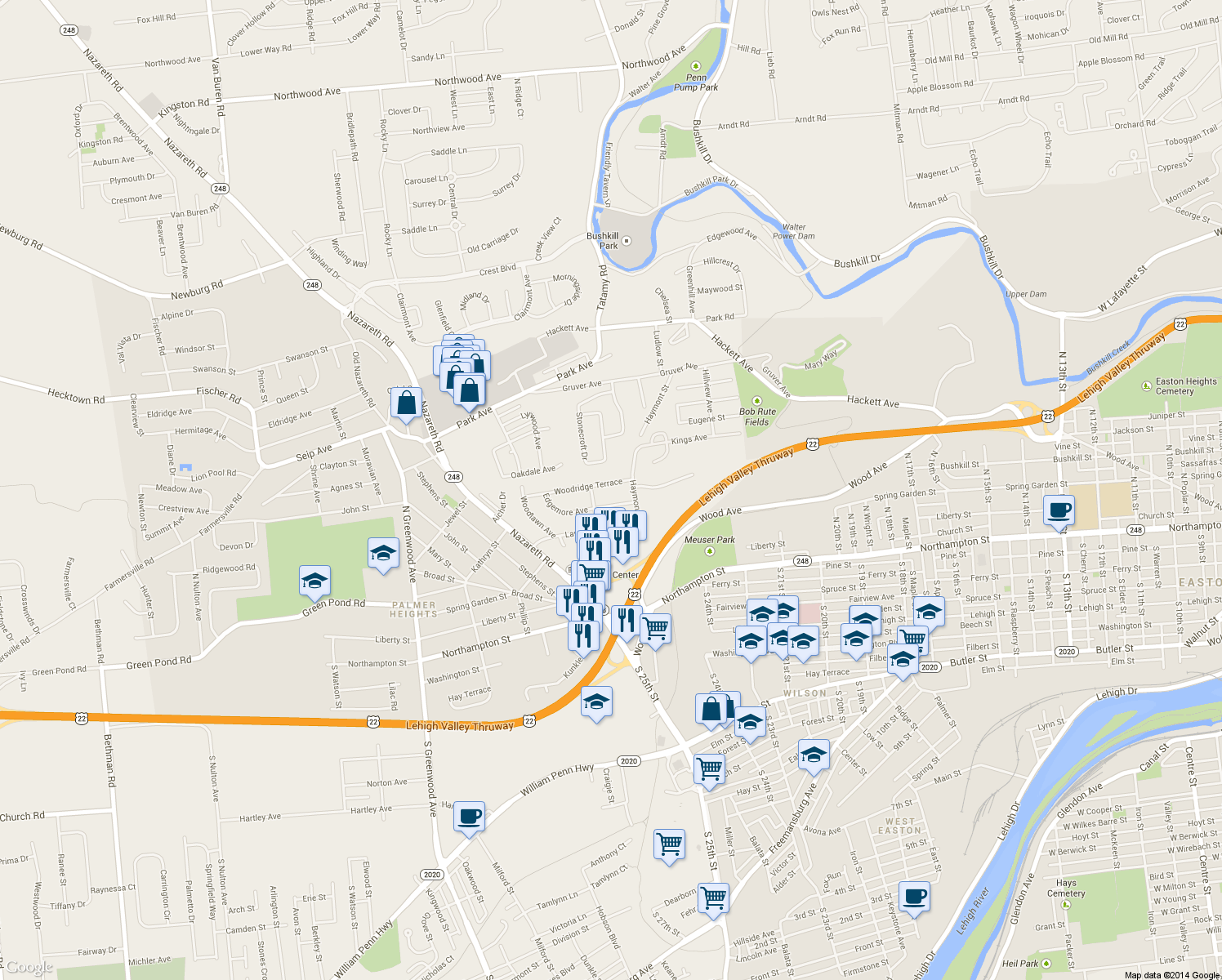 map of restaurants, bars, coffee shops, grocery stores, and more near 2320 Woodridge Terrace in Easton