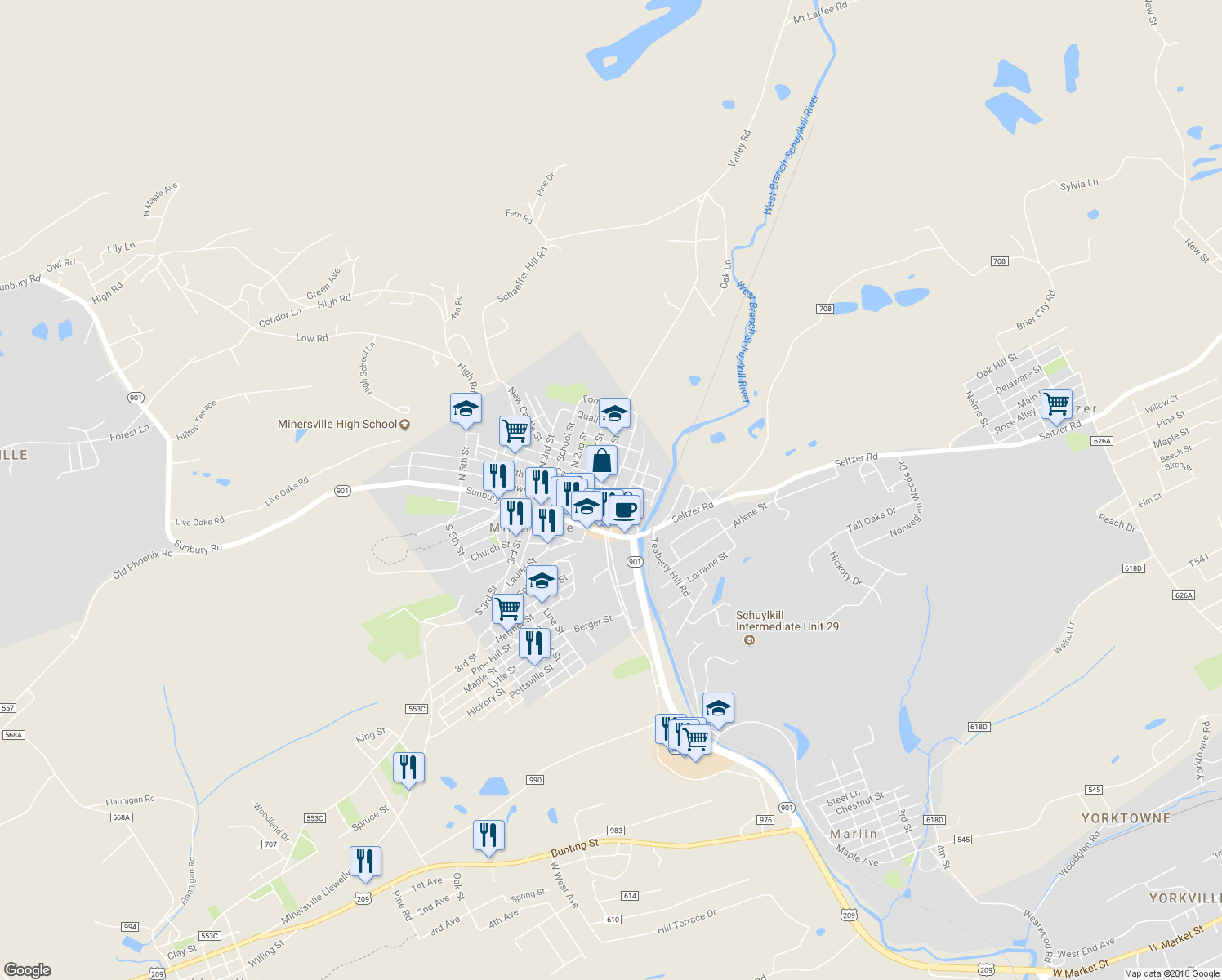 map of restaurants, bars, coffee shops, grocery stores, and more near 25 Carbon Street in Minersville