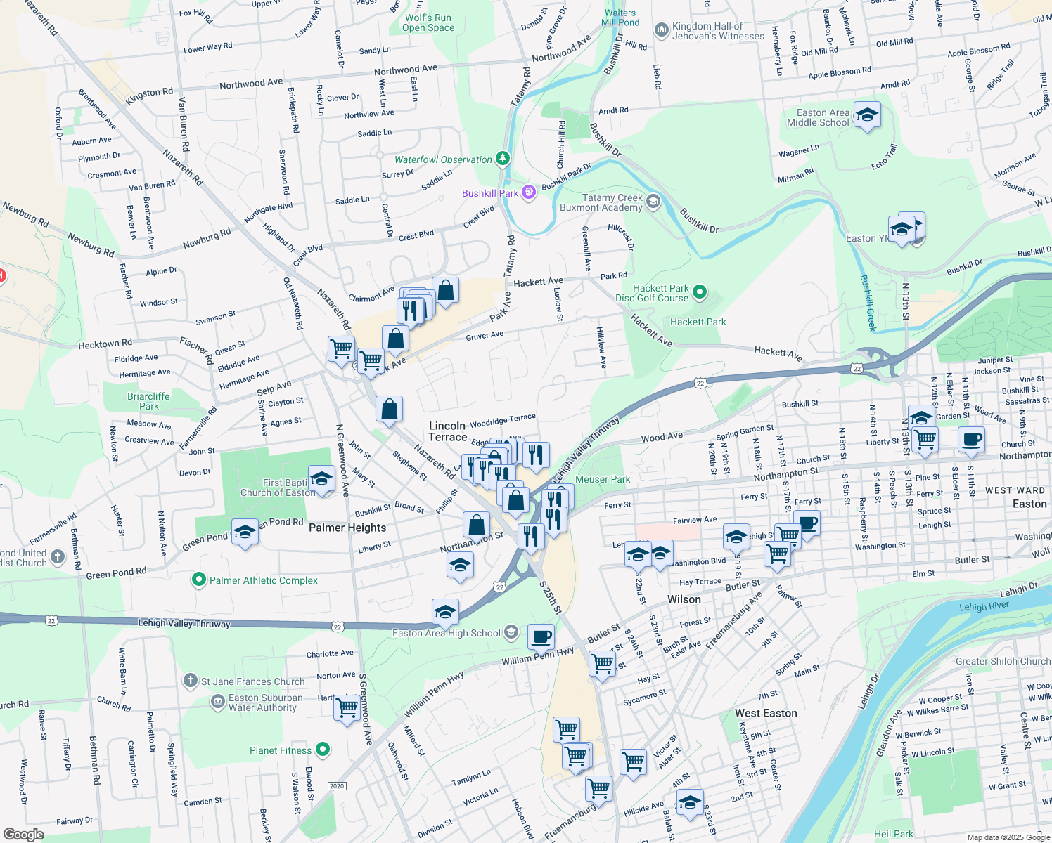 map of restaurants, bars, coffee shops, grocery stores, and more near 2310 Woodridge Terrace in Easton