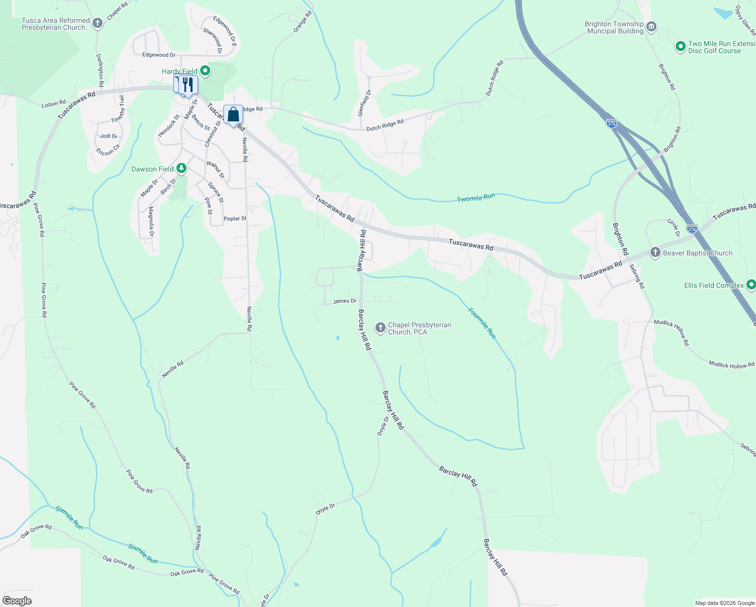 map of restaurants, bars, coffee shops, grocery stores, and more near 106 Eakin Dr in Beaver