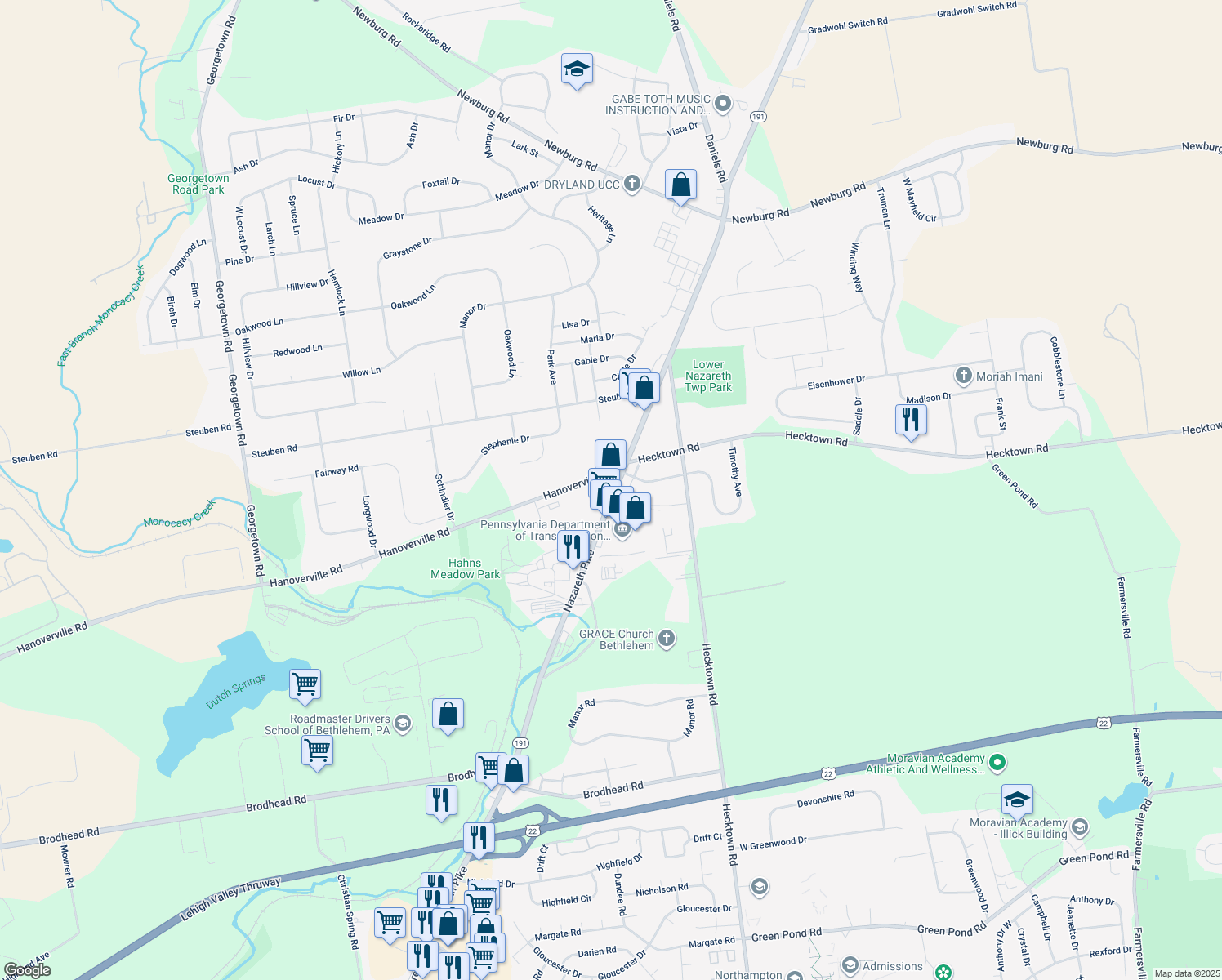 map of restaurants, bars, coffee shops, grocery stores, and more near 245 Nazareth Pike in Bethlehem