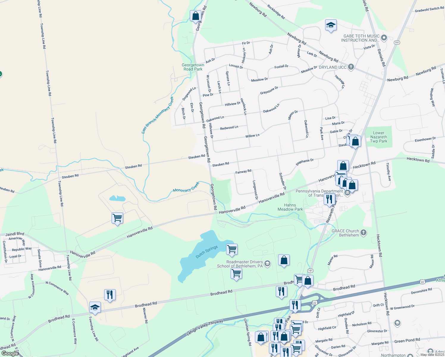 map of restaurants, bars, coffee shops, grocery stores, and more near 4671 Fairway Rd in Bethlehem