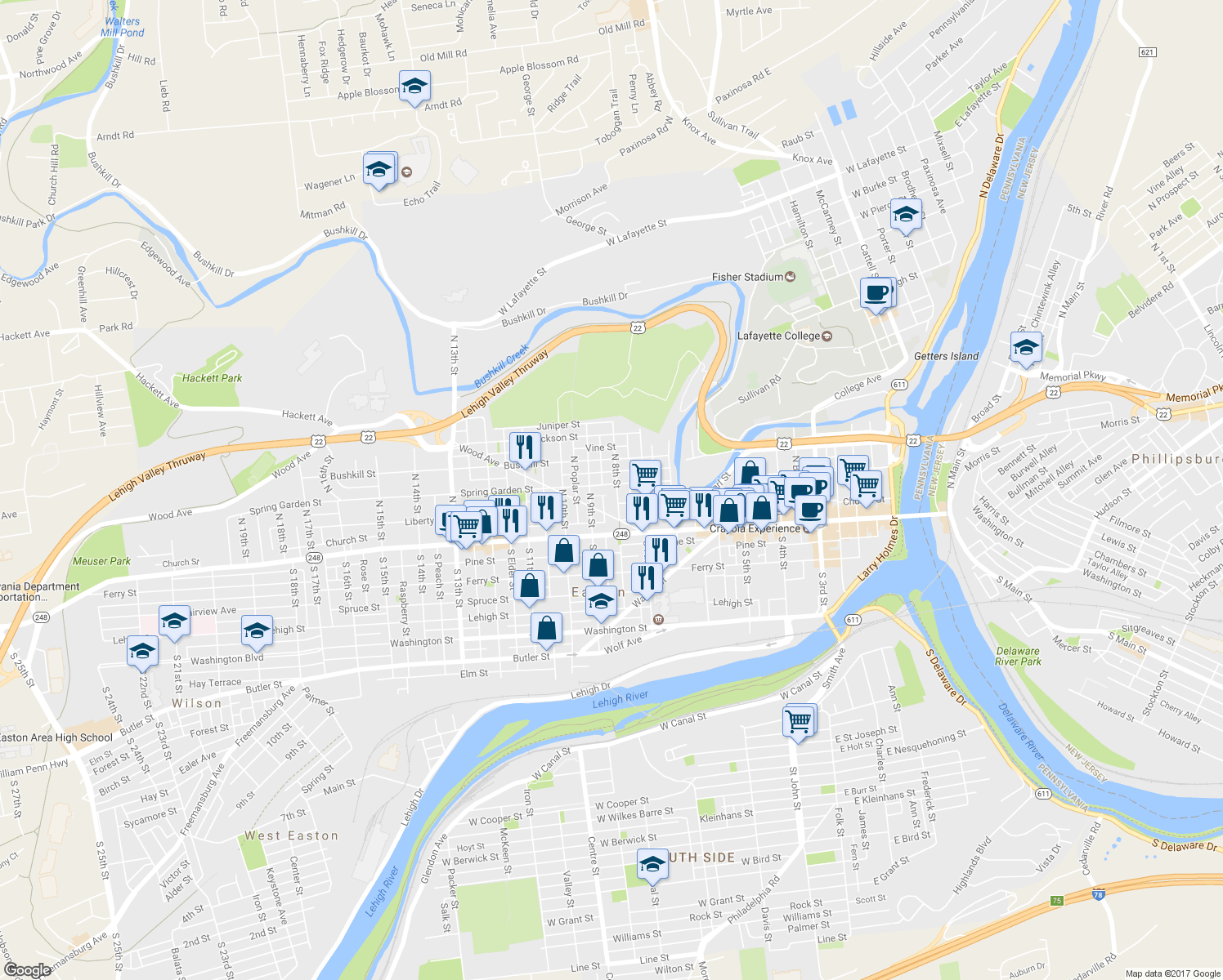 map of restaurants, bars, coffee shops, grocery stores, and more near 804 Spring Garden Street in Easton