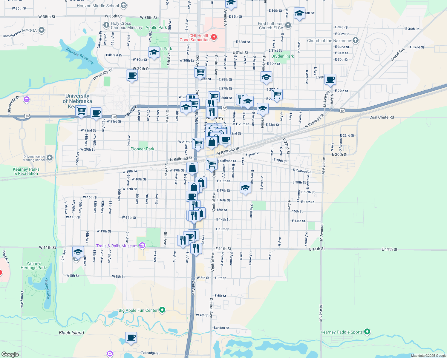 map of restaurants, bars, coffee shops, grocery stores, and more near 1822 Avenue A in Kearney