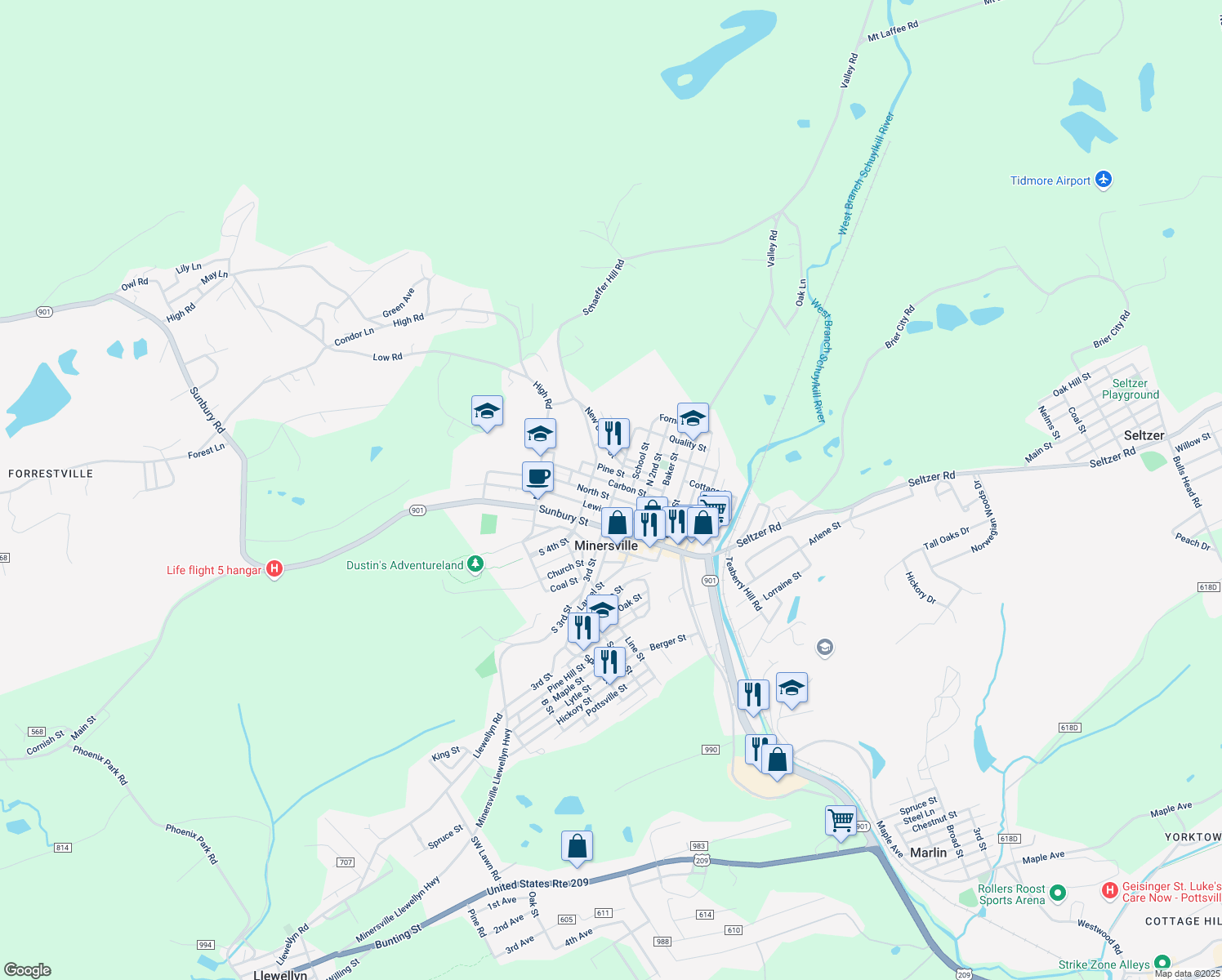 map of restaurants, bars, coffee shops, grocery stores, and more near 210 North 3rd Street in Minersville