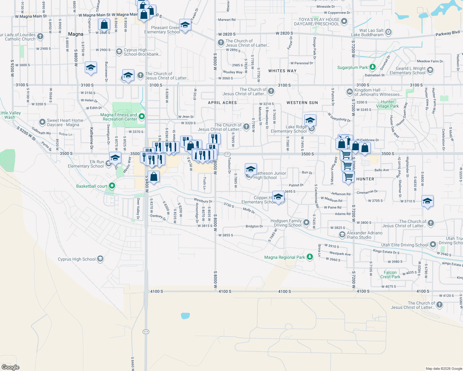 map of restaurants, bars, coffee shops, grocery stores, and more near 3633 Toolson Drive in Magna