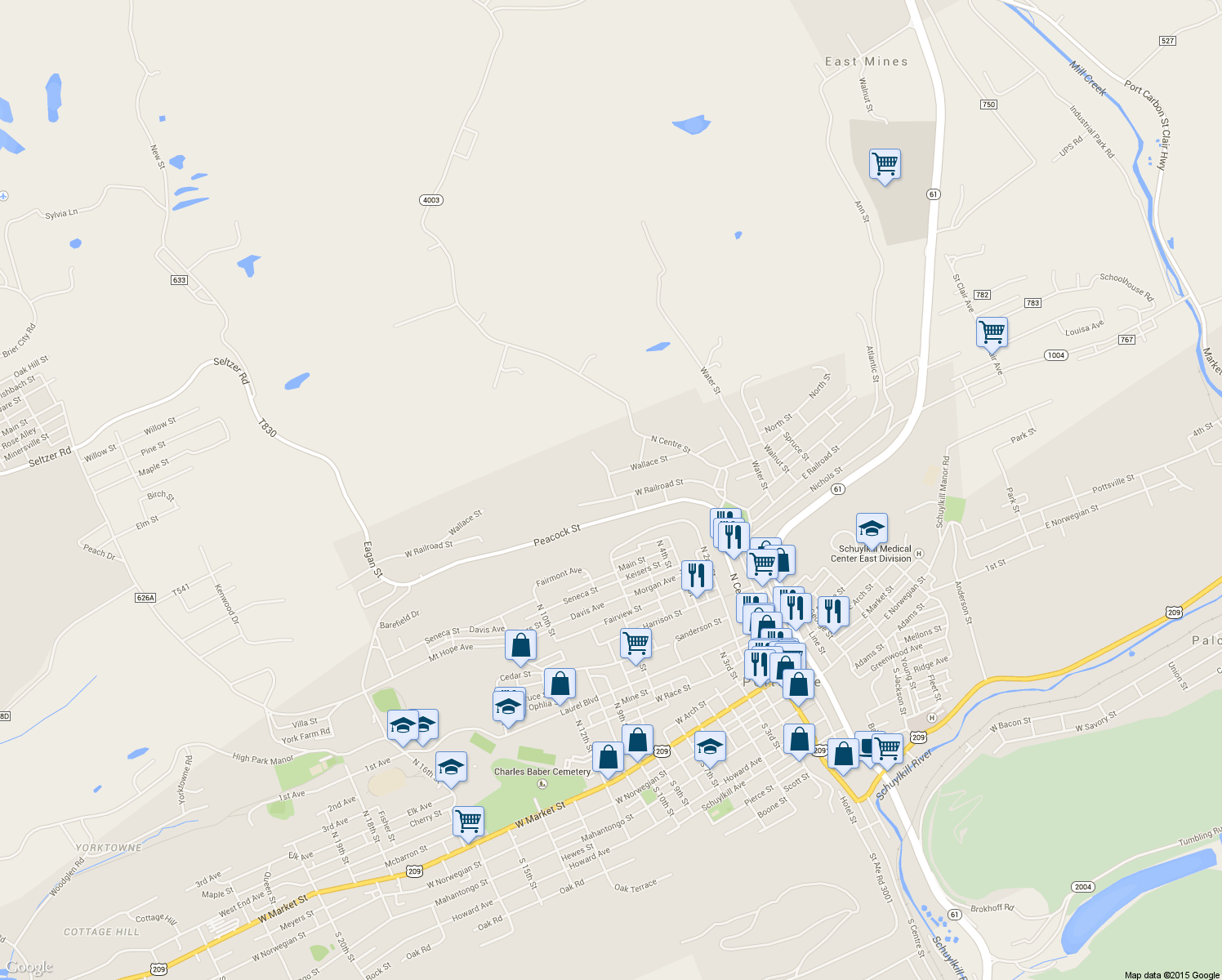 map of restaurants, bars, coffee shops, grocery stores, and more near 709 Ravine St in Pottsville