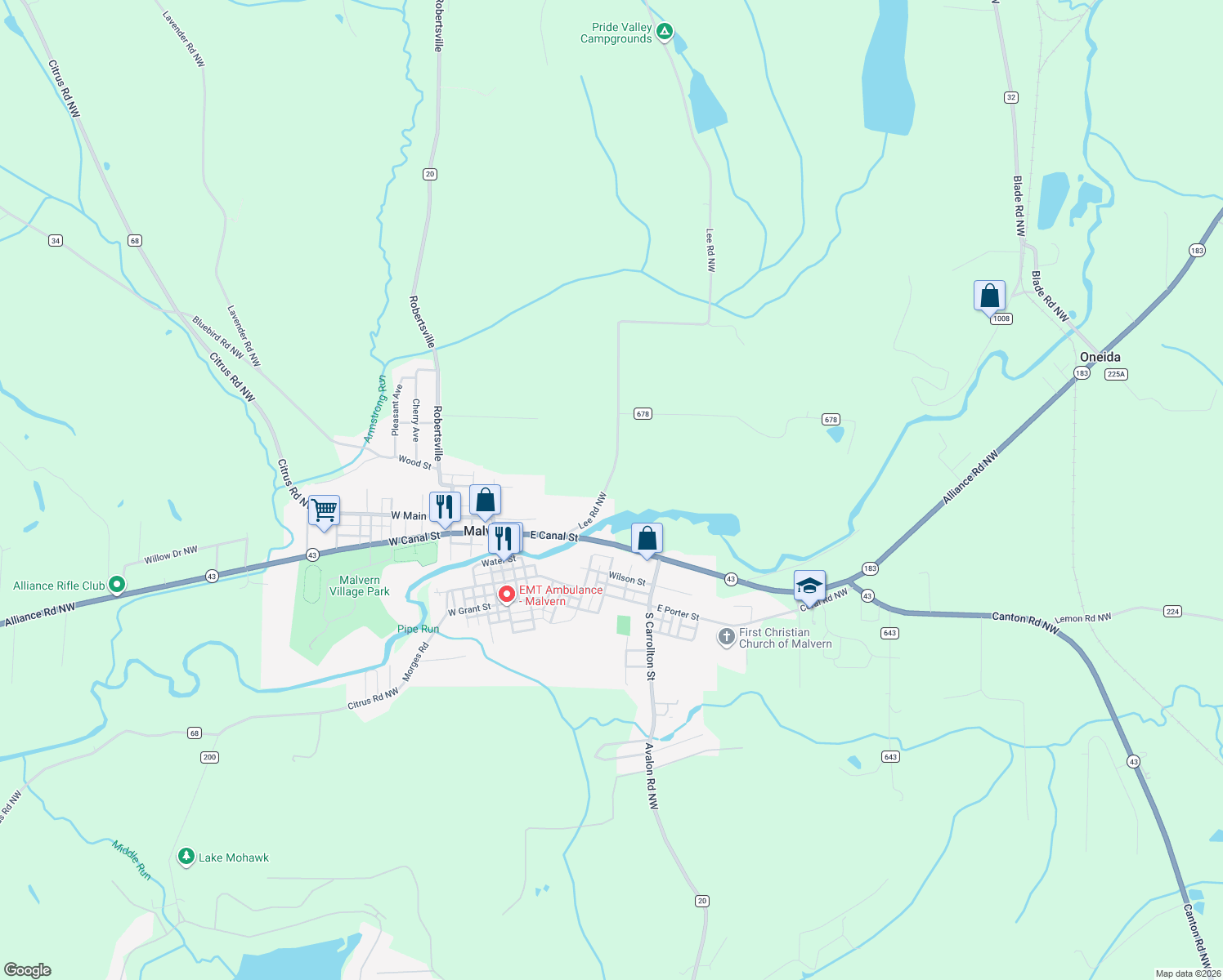 map of restaurants, bars, coffee shops, grocery stores, and more near 8026 Lee Rd NW in Malvern