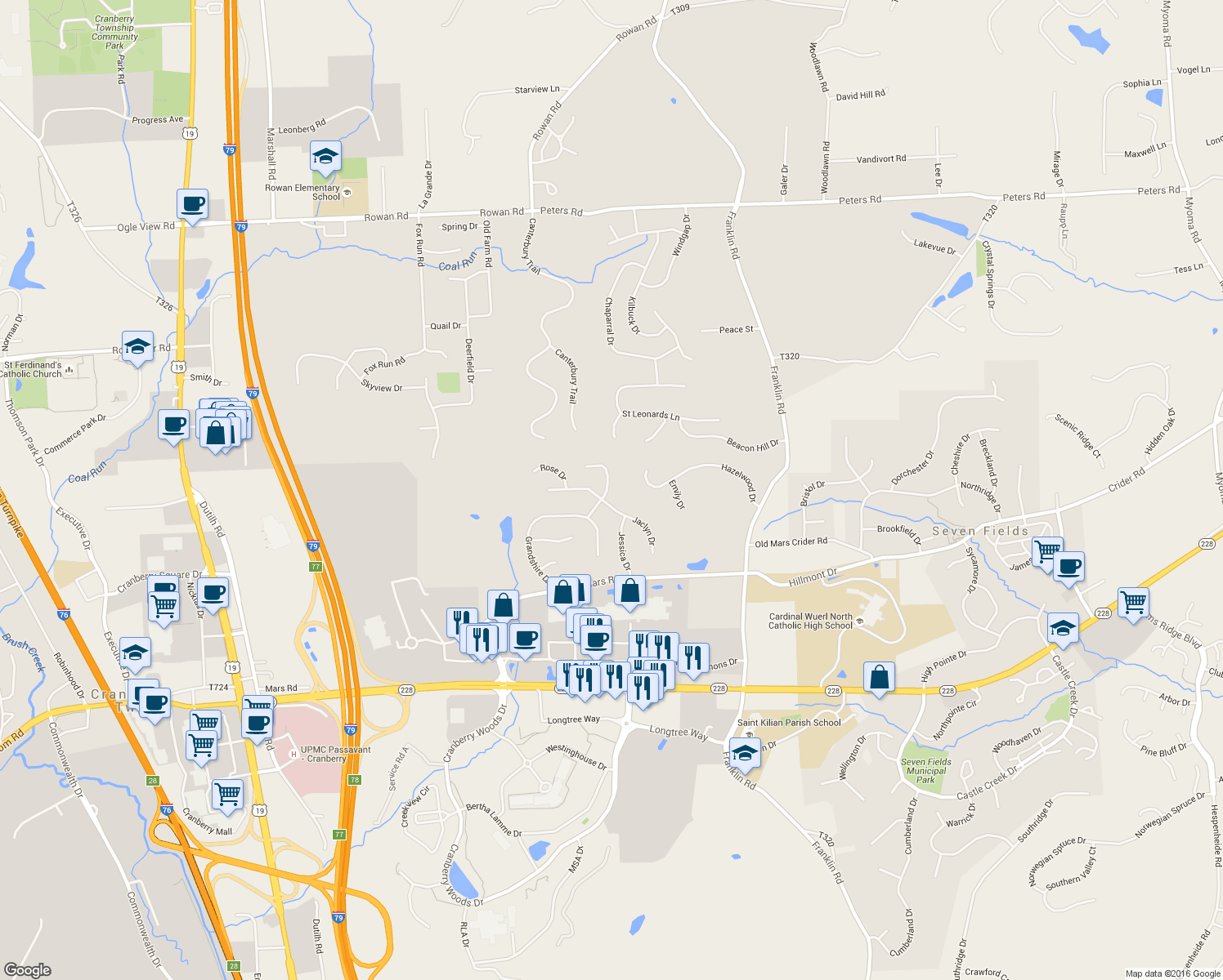 map of restaurants, bars, coffee shops, grocery stores, and more near 302 Cosette Drive in Cranberry Township