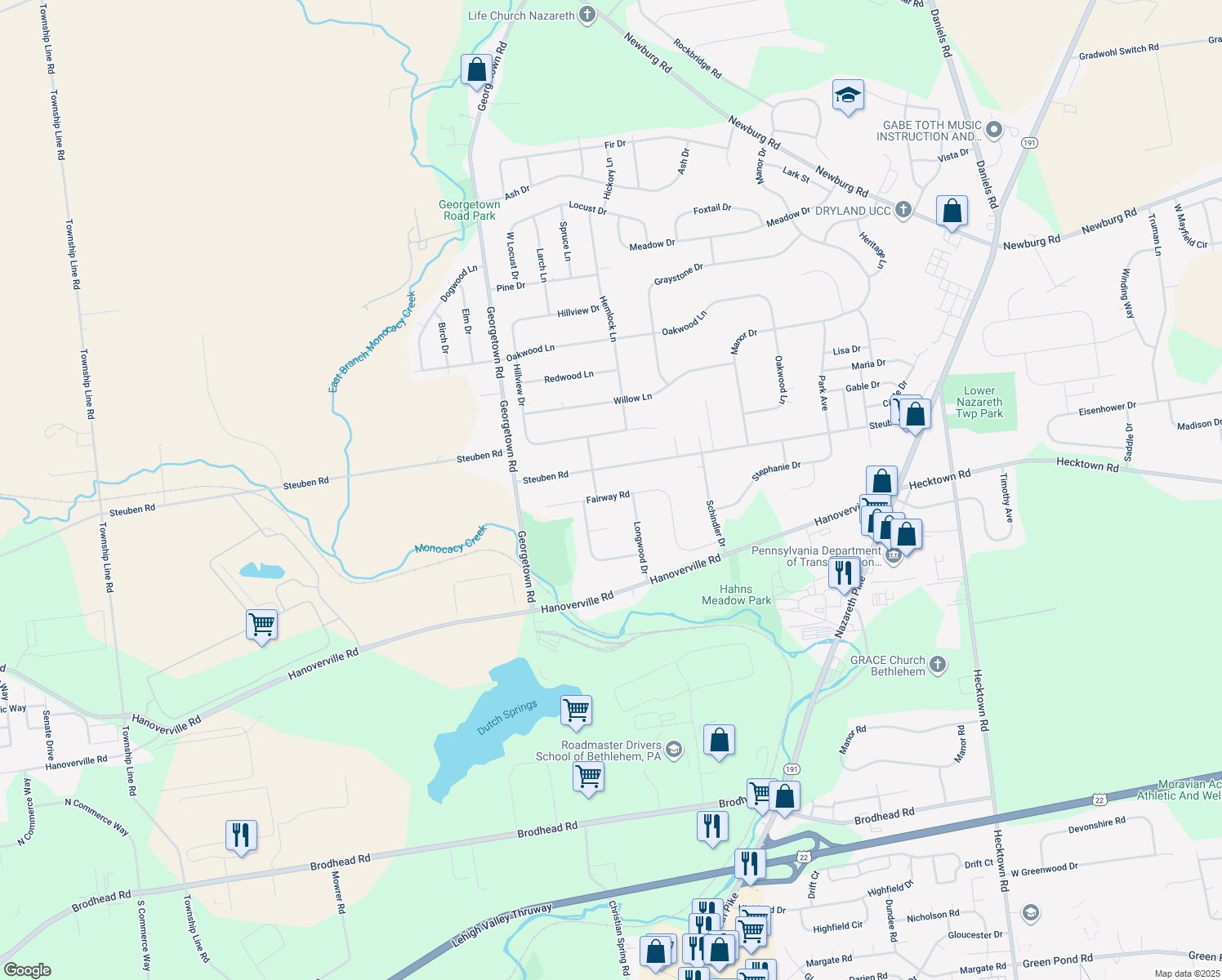 map of restaurants, bars, coffee shops, grocery stores, and more near 4630 Fairway Rd in Bethlehem