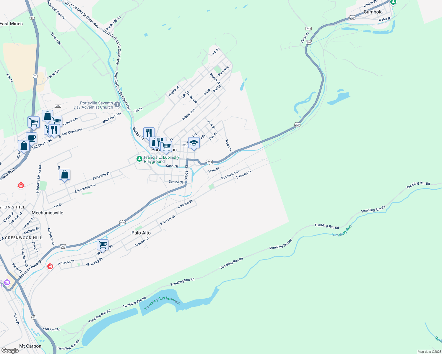 map of restaurants, bars, coffee shops, grocery stores, and more near 25 Tuscarora Street in Pottsville