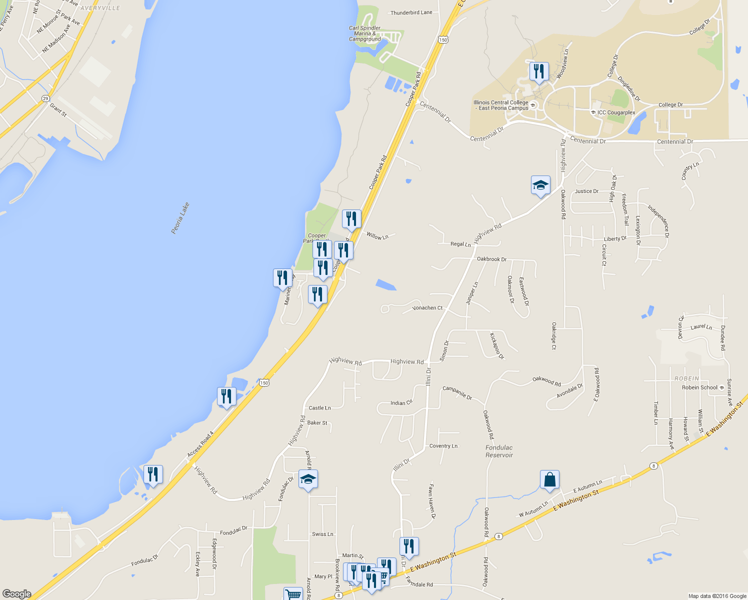 map of restaurants, bars, coffee shops, grocery stores, and more near 140 Star Rim Drive in East Peoria