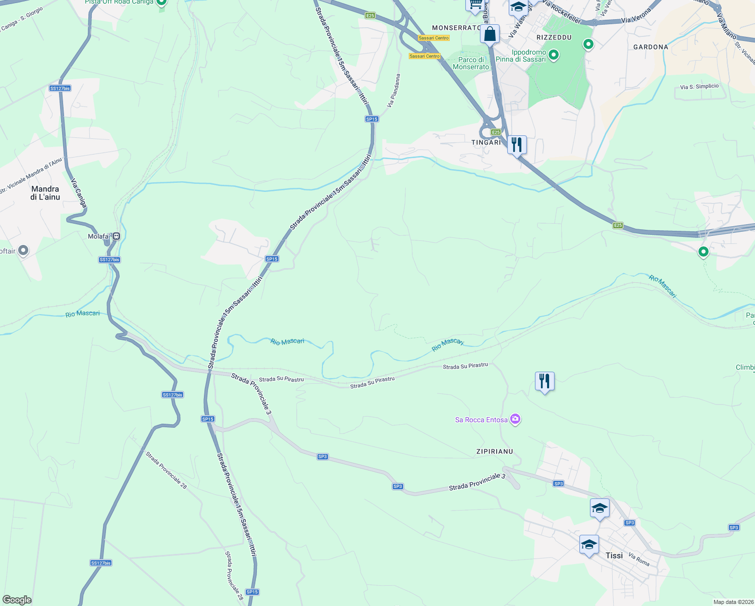 map of restaurants, bars, coffee shops, grocery stores, and more near 25 Strada Vicinale Battordomos in Città metropolitana di Sassari