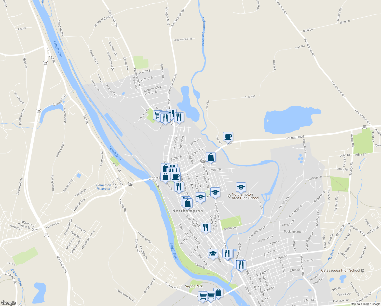 map of restaurants, bars, coffee shops, grocery stores, and more near 2211 Dewey Avenue in Northampton