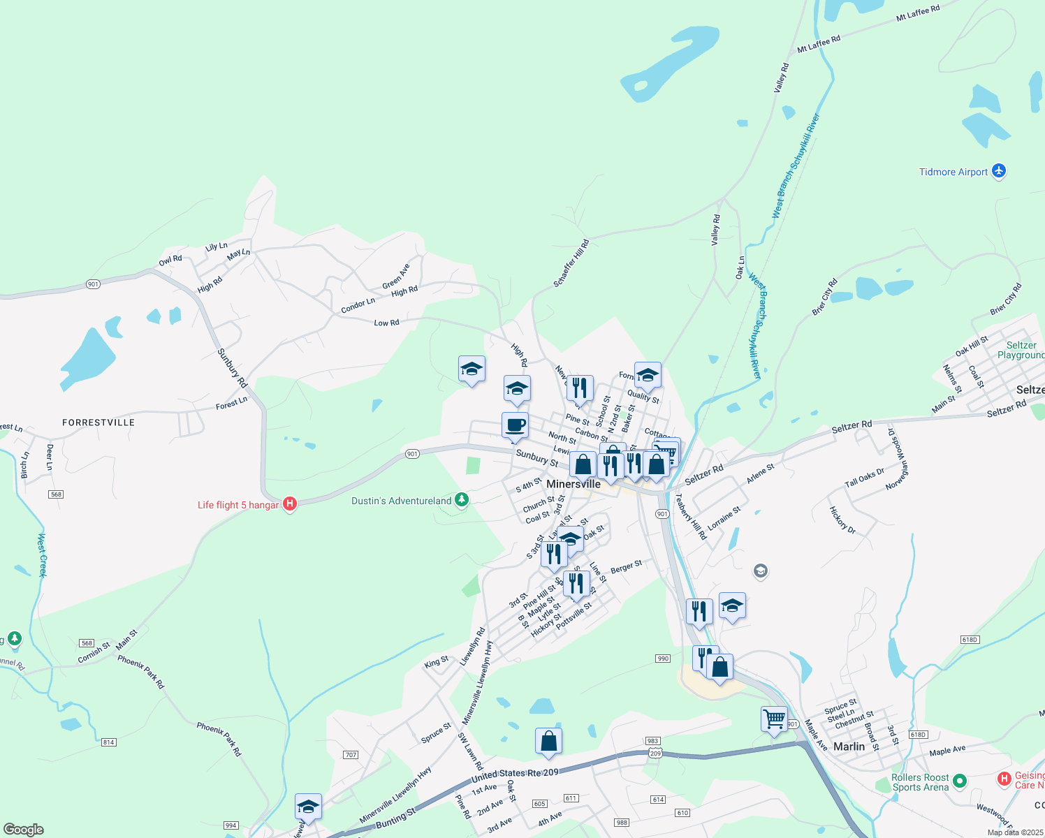 map of restaurants, bars, coffee shops, grocery stores, and more near 207 North 5th Street in Minersville