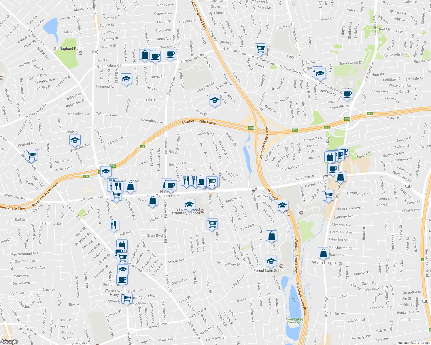 map of restaurants, bars, coffee shops, grocery stores, and more near 1135 Logan Road in Wantagh