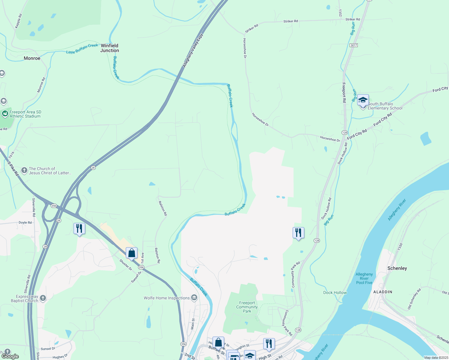 map of restaurants, bars, coffee shops, grocery stores, and more near 301 Deer Ridge Road in Sarver