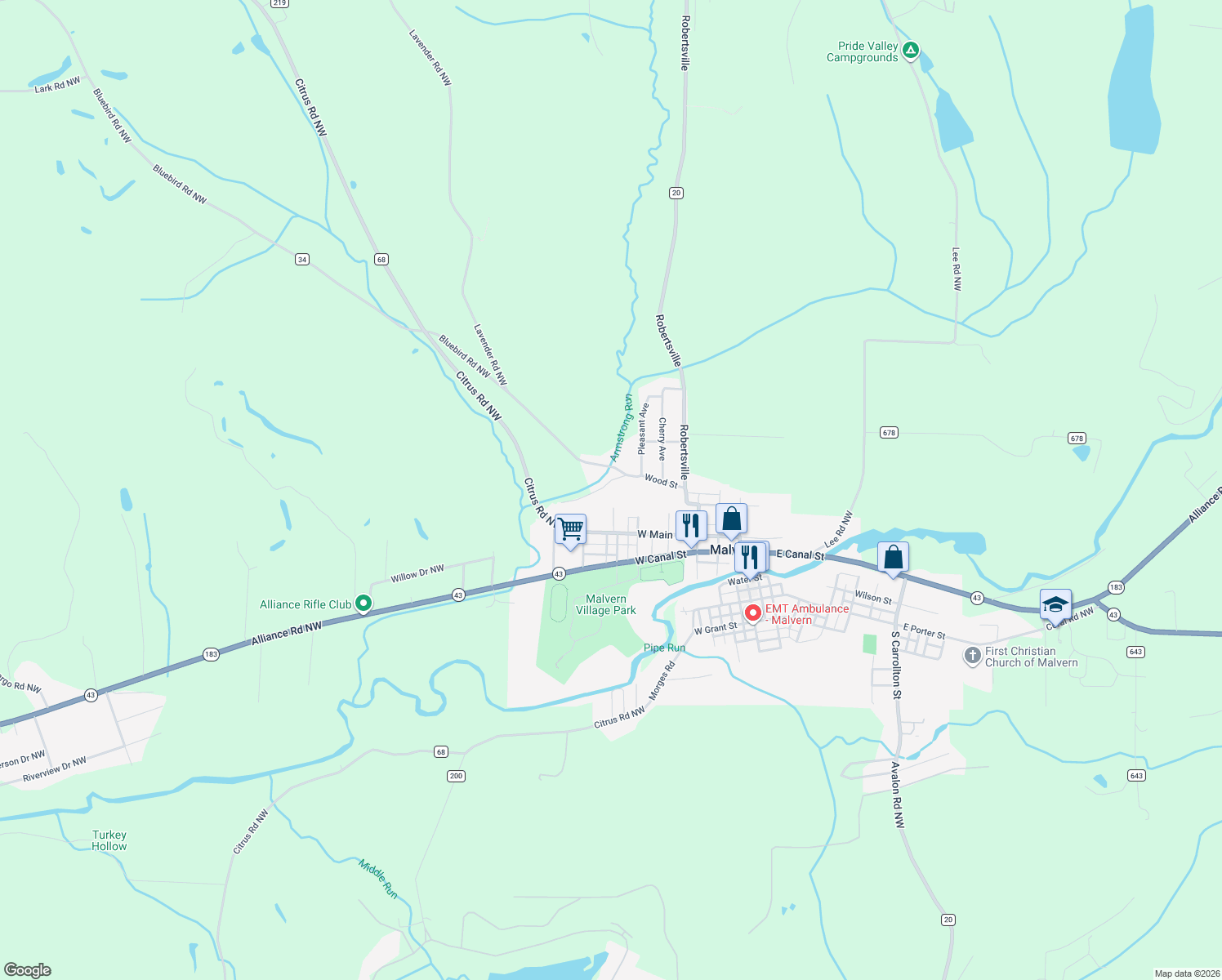 map of restaurants, bars, coffee shops, grocery stores, and more near 5070 Easton in Malvern
