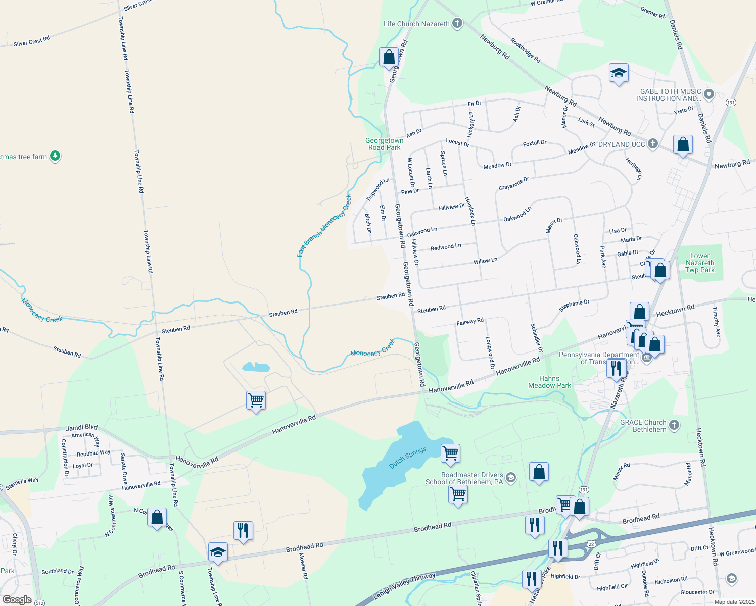 map of restaurants, bars, coffee shops, grocery stores, and more near 4727 Steuben Road in Nazareth