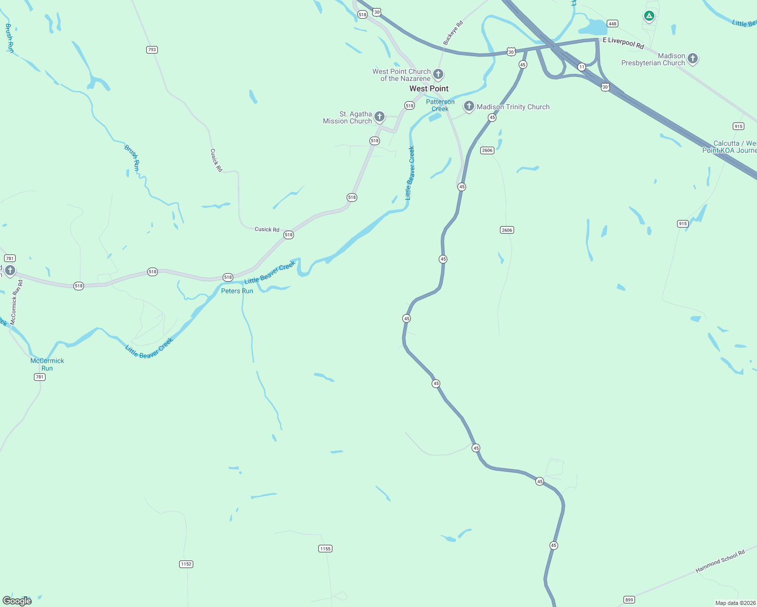 map of restaurants, bars, coffee shops, grocery stores, and more near 14369 Ohio 45 in Lisbon