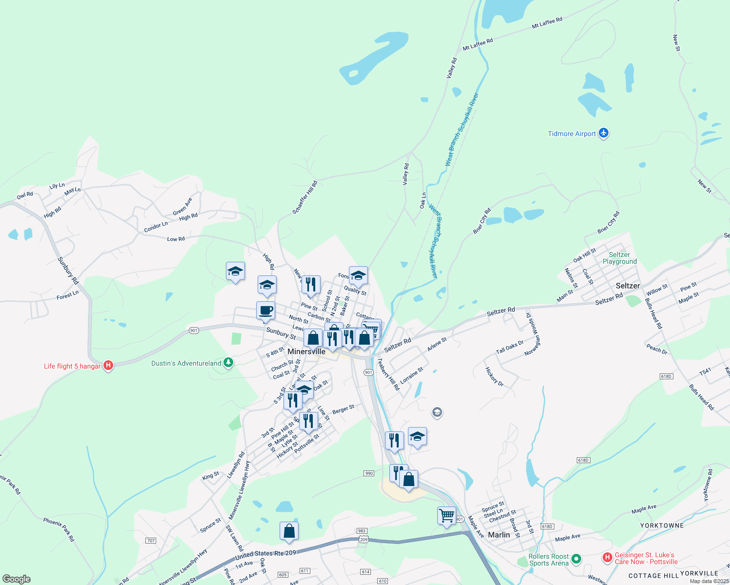 map of restaurants, bars, coffee shops, grocery stores, and more near 5 Quality Street in Minersville