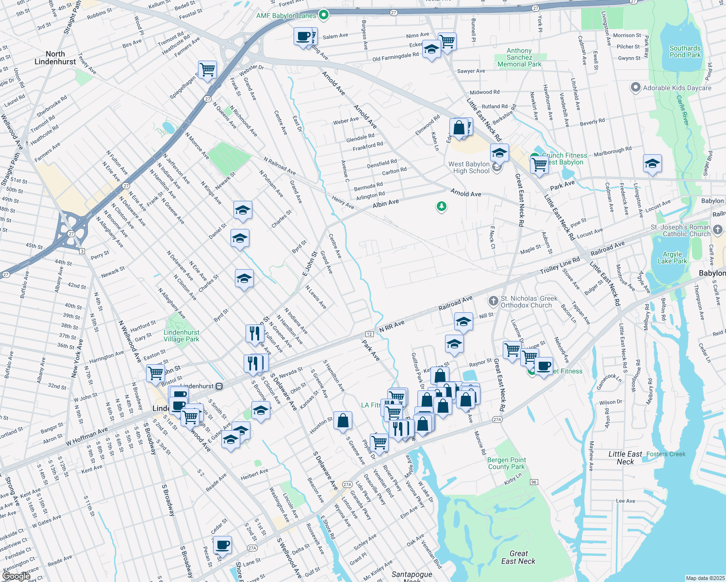 map of restaurants, bars, coffee shops, grocery stores, and more near 451 Albert Street in Lindenhurst