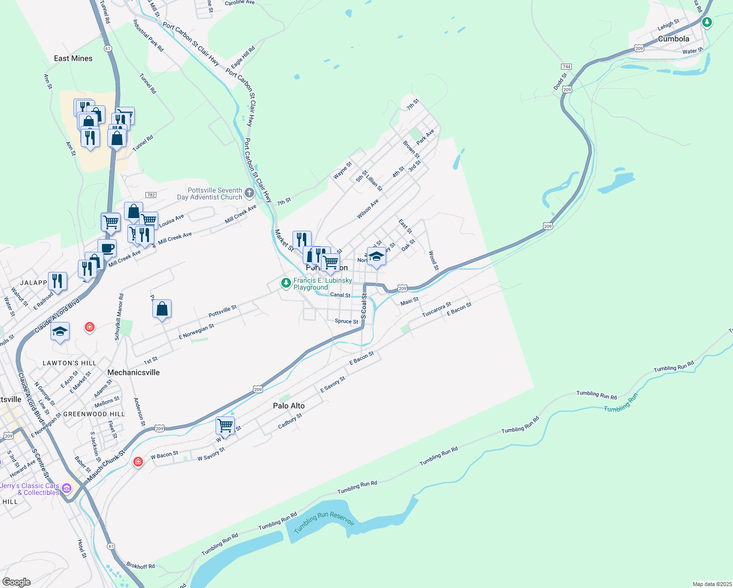map of restaurants, bars, coffee shops, grocery stores, and more near 86 Coal Street in Port Carbon