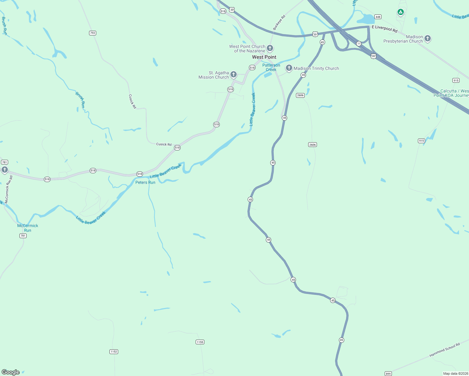 map of restaurants, bars, coffee shops, grocery stores, and more near 14369 Ohio 45 in Lisbon