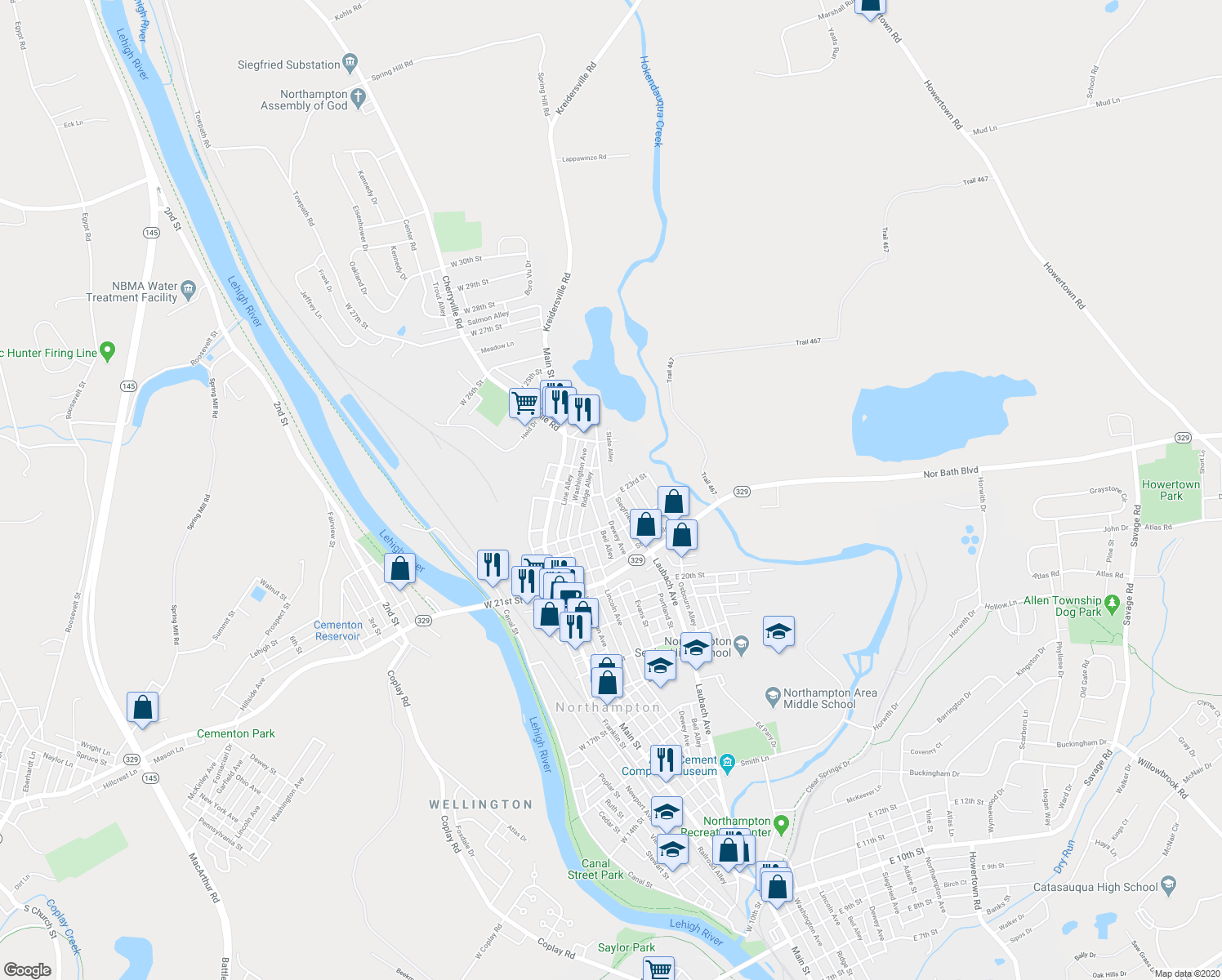 map of restaurants, bars, coffee shops, grocery stores, and more near 313 East 23rd Street in Northampton