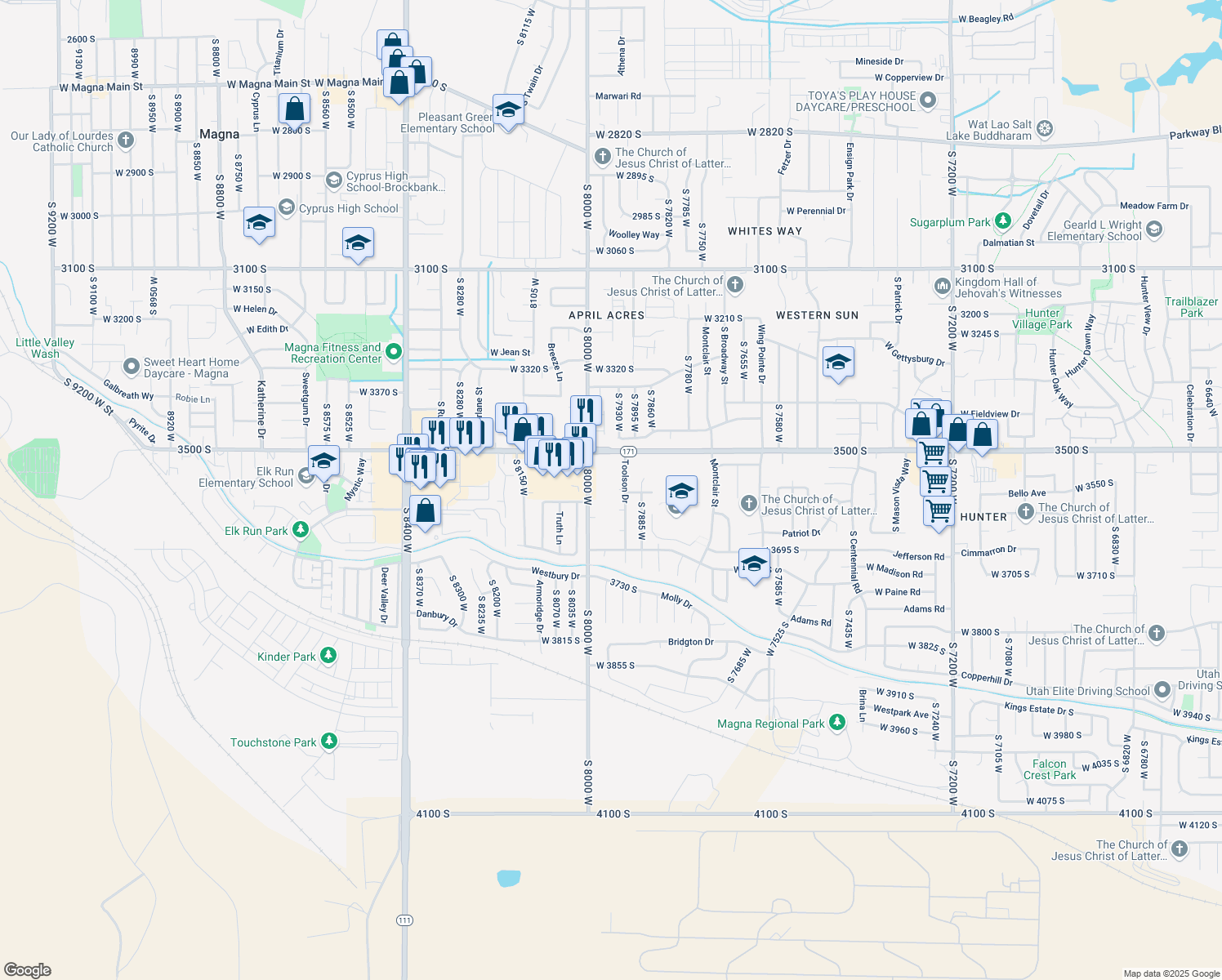 map of restaurants, bars, coffee shops, grocery stores, and more near 3567 South 8000 West in Magna