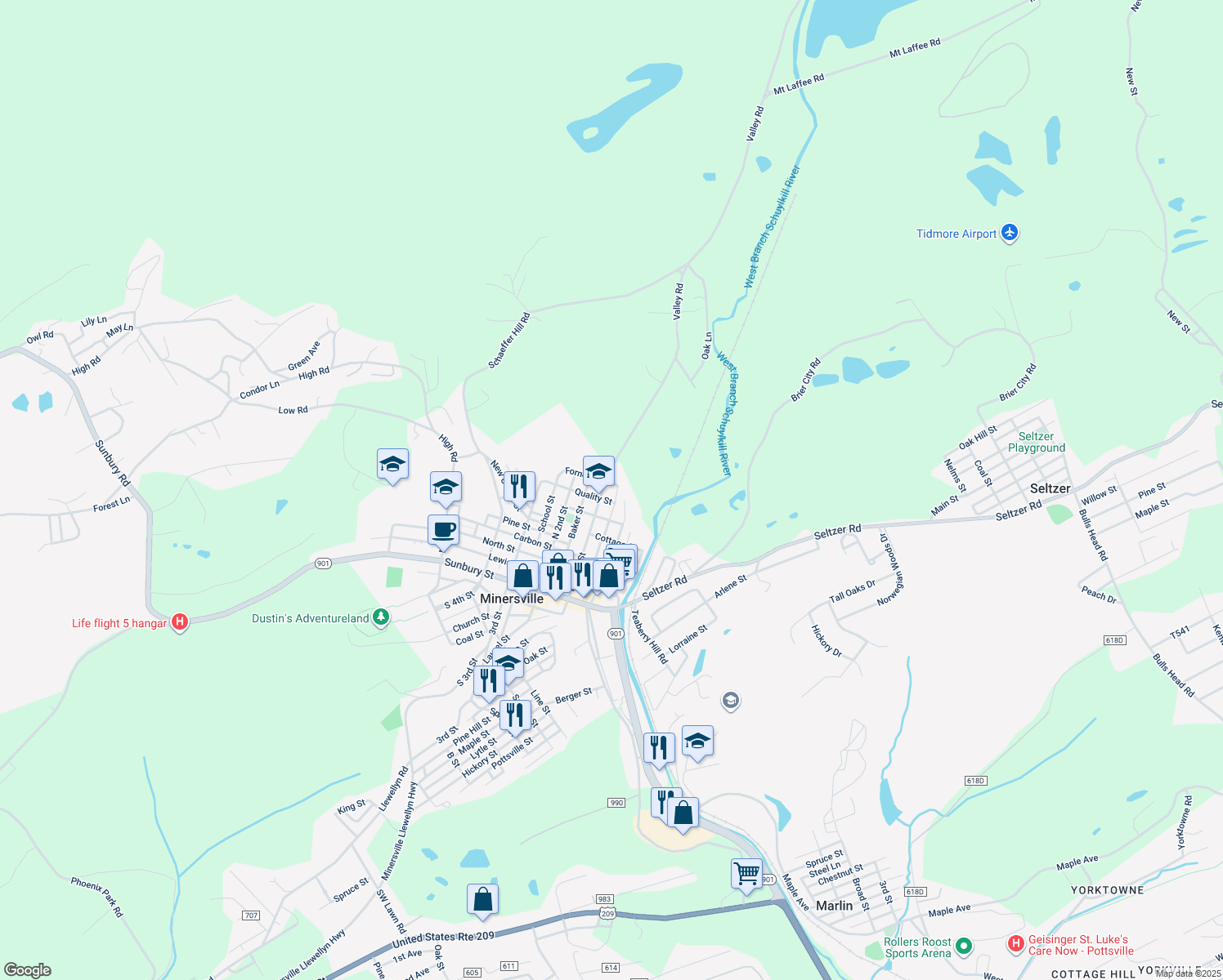map of restaurants, bars, coffee shops, grocery stores, and more near 615 N Front St in Minersville