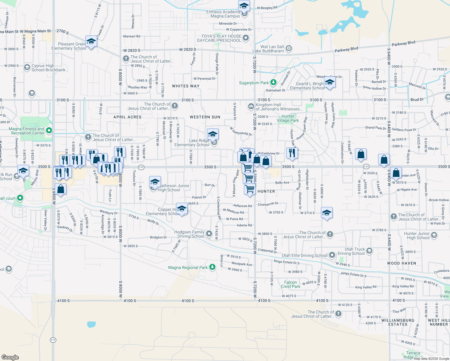 map of restaurants, bars, coffee shops, grocery stores, and more near 3560 Candis Drive in Magna