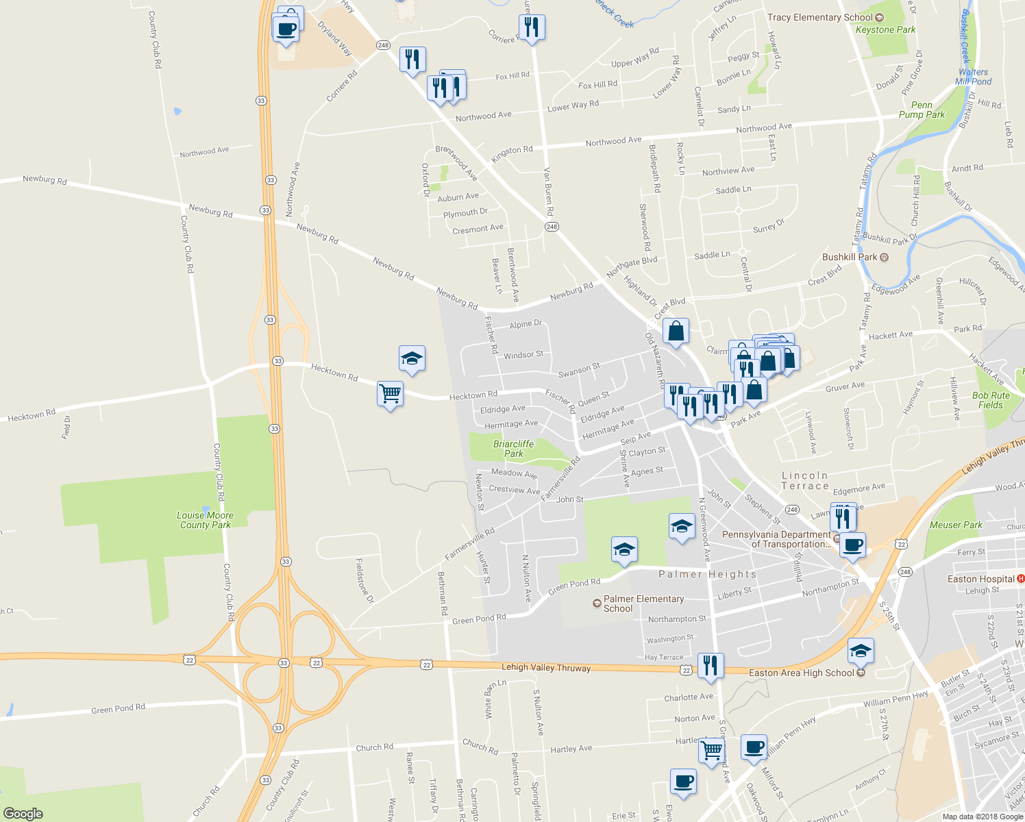 map of restaurants, bars, coffee shops, grocery stores, and more near 3028 Eldridge Avenue in Easton