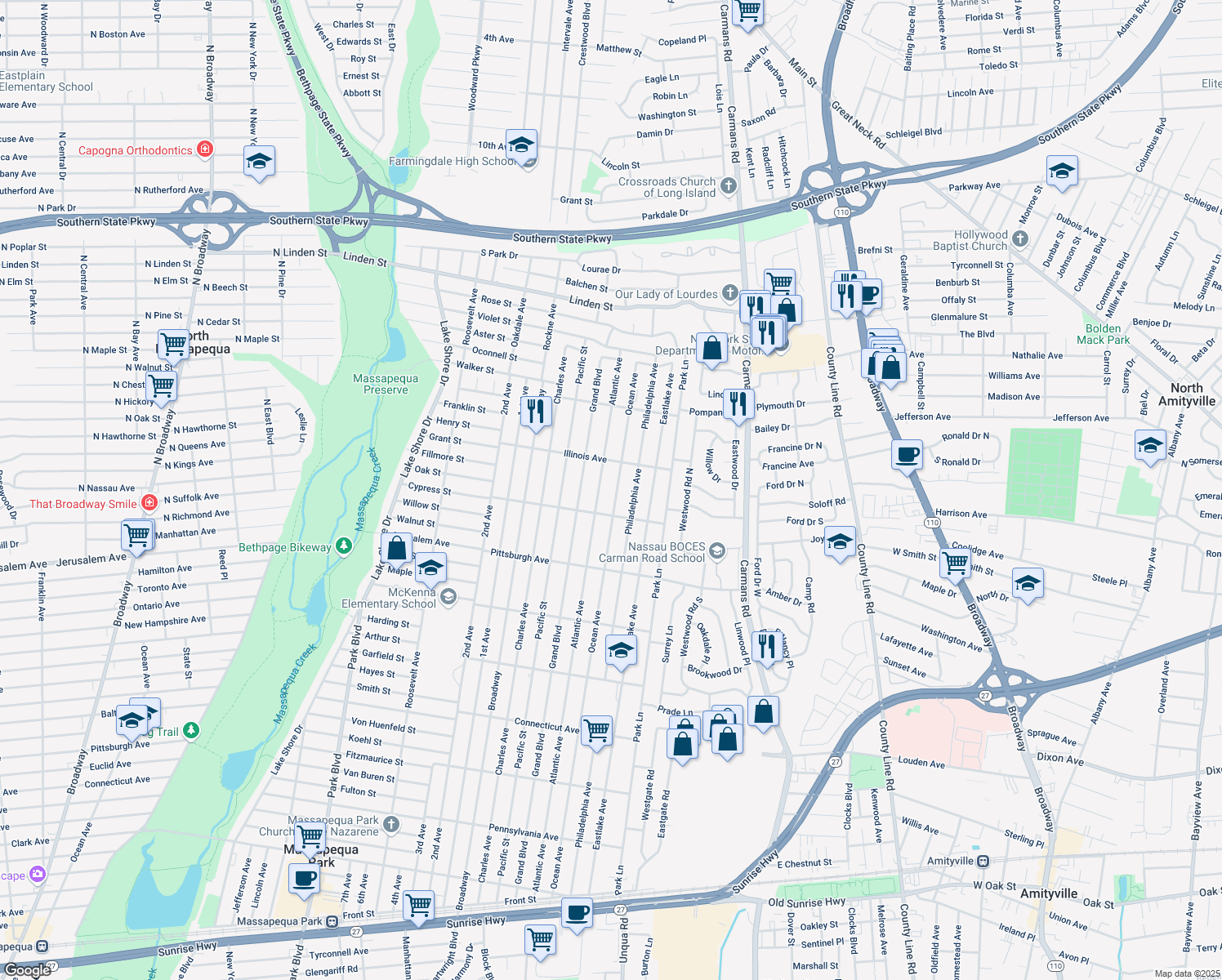 map of restaurants, bars, coffee shops, grocery stores, and more near 372 Ocean Ave in Massapequa Park
