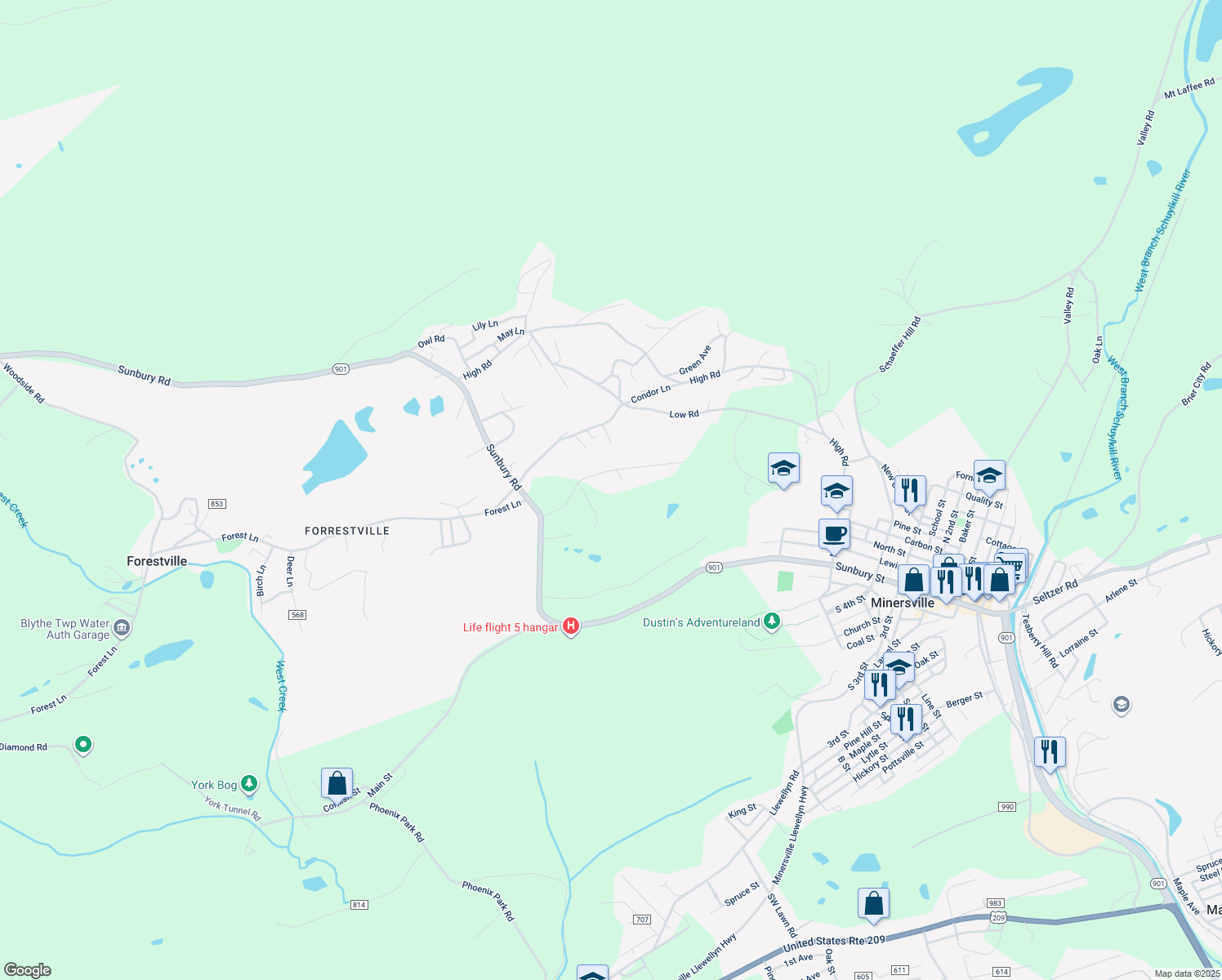map of restaurants, bars, coffee shops, grocery stores, and more near 46 Hilltop Terrace in Pottsville
