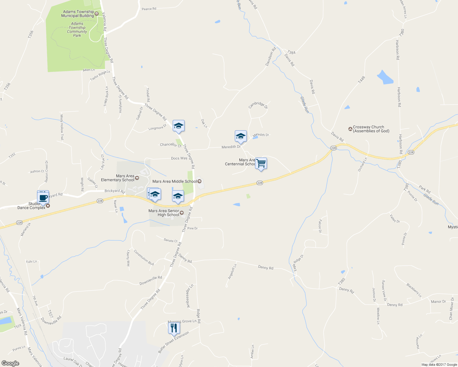 map of restaurants, bars, coffee shops, grocery stores, and more near 435 Pennsylvania 228 in Valencia