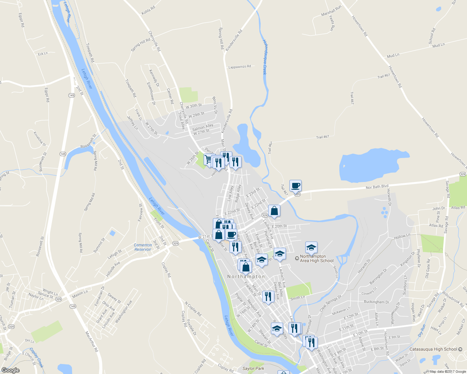 map of restaurants, bars, coffee shops, grocery stores, and more near 2360 Washington Avenue in Northampton