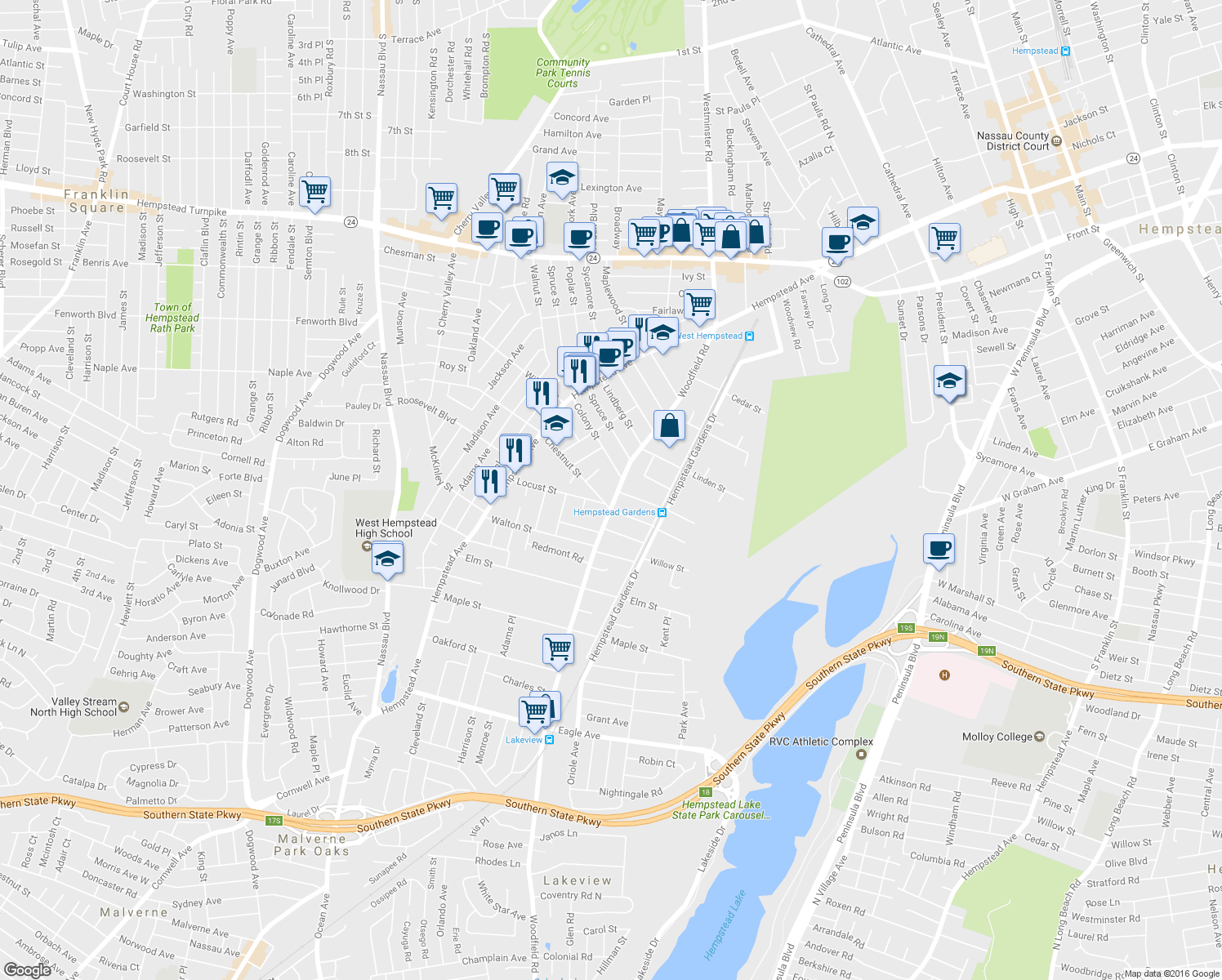 map of restaurants, bars, coffee shops, grocery stores, and more near 356 Woodfield Road in West Hempstead