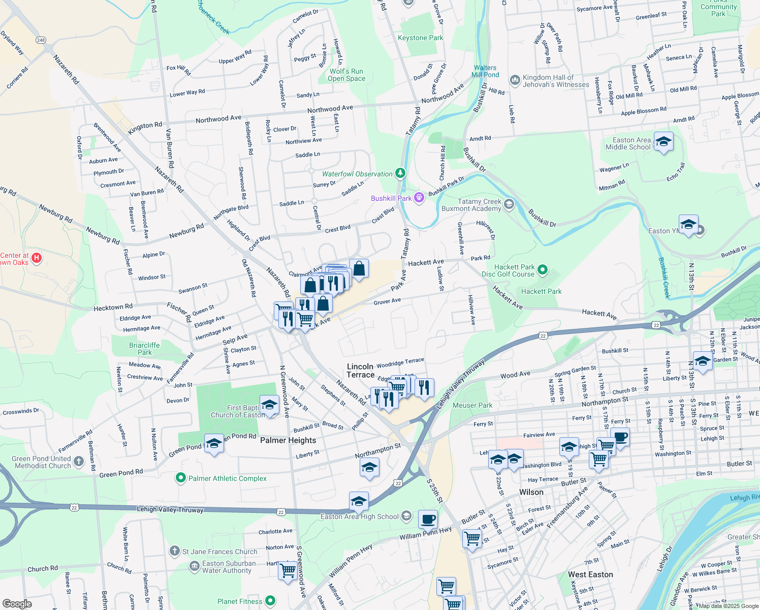 map of restaurants, bars, coffee shops, grocery stores, and more near 2352 Gruver Avenue in Easton