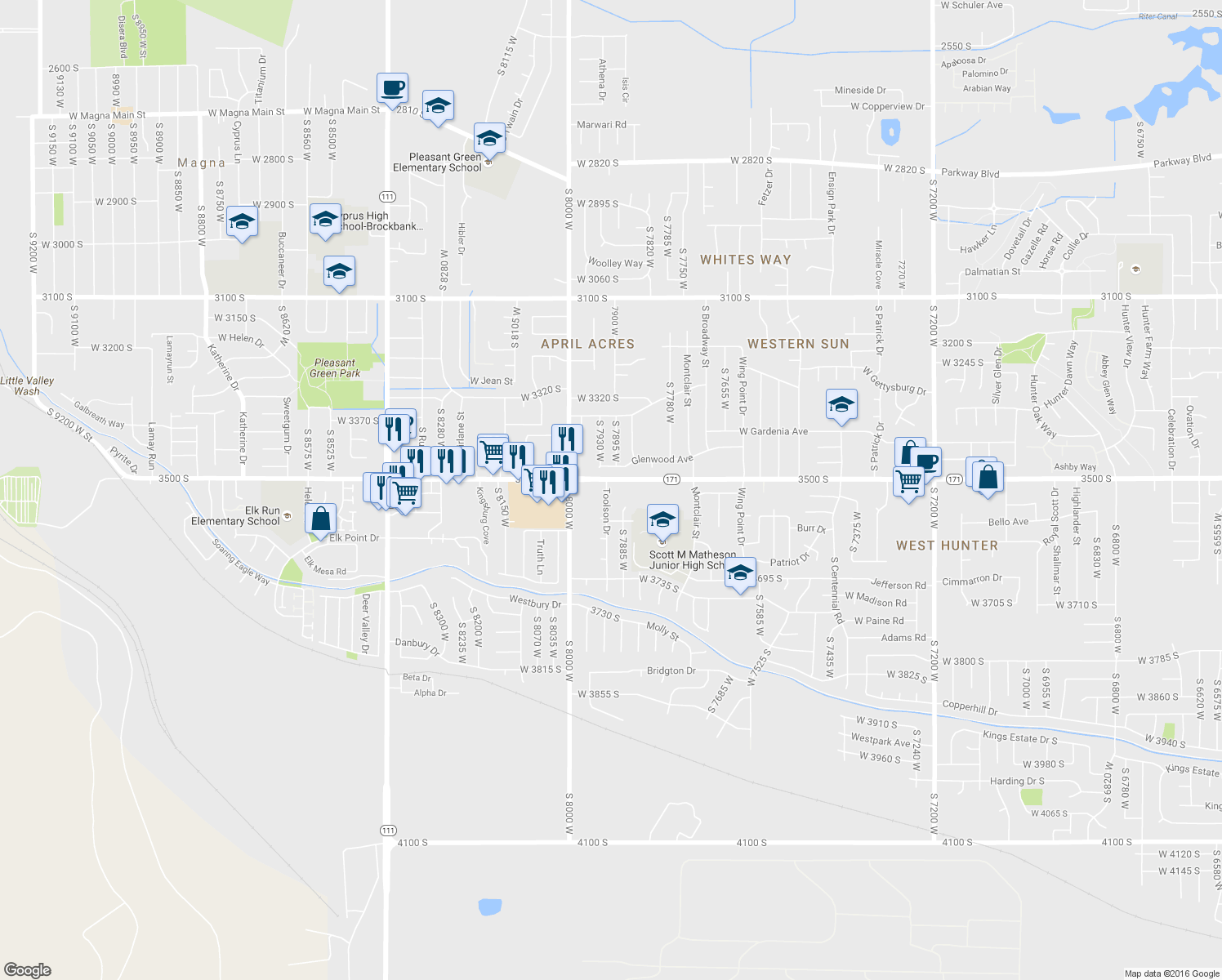 map of restaurants, bars, coffee shops, grocery stores, and more near 3519 Toolson Drive in Magna