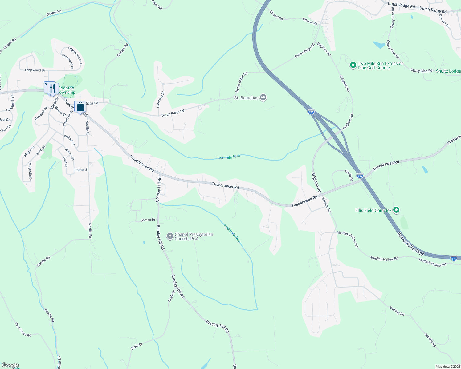 map of restaurants, bars, coffee shops, grocery stores, and more near 3400 Tuscarawas Road in Beaver