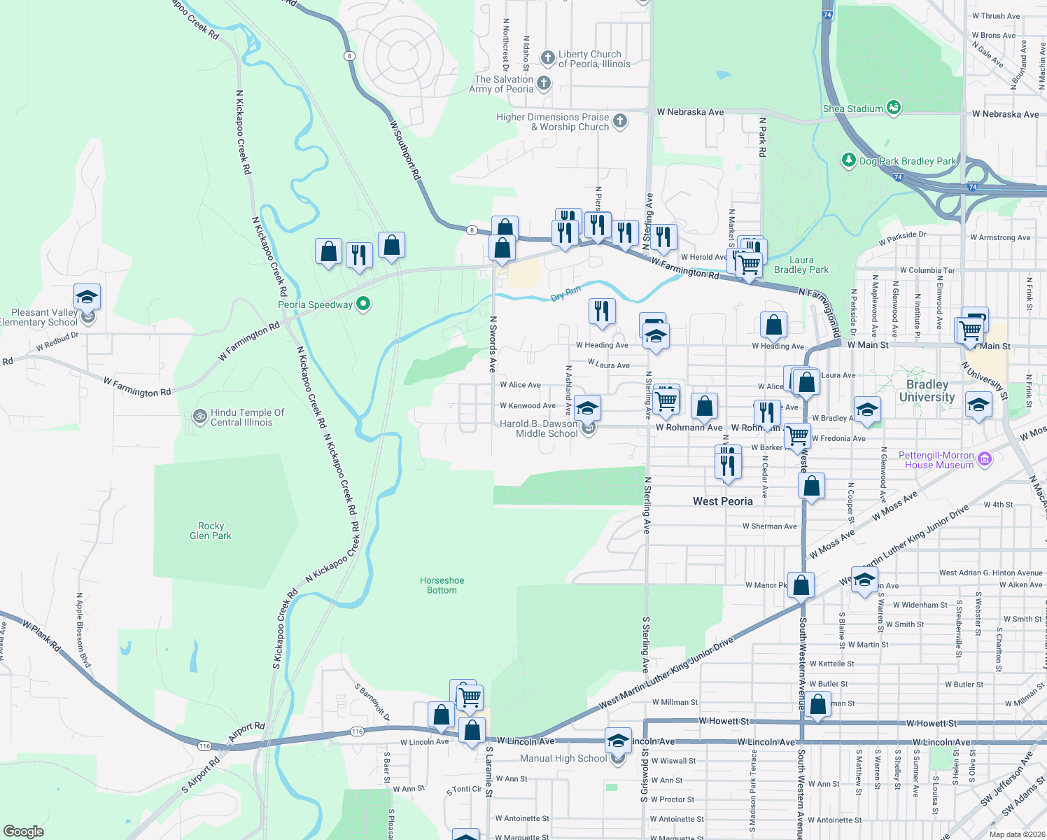 map of restaurants, bars, coffee shops, grocery stores, and more near 2925 W Rohmann Ave in West Peoria