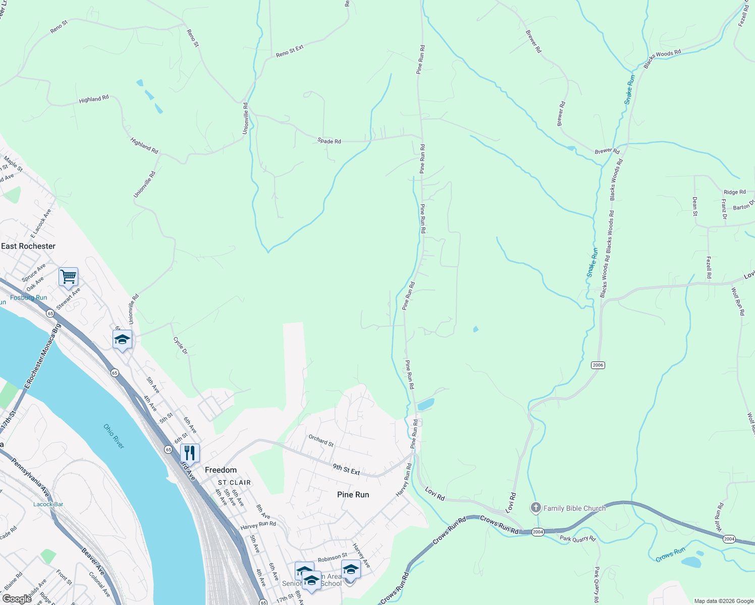 map of restaurants, bars, coffee shops, grocery stores, and more near 705 Pine Run Road in Freedom