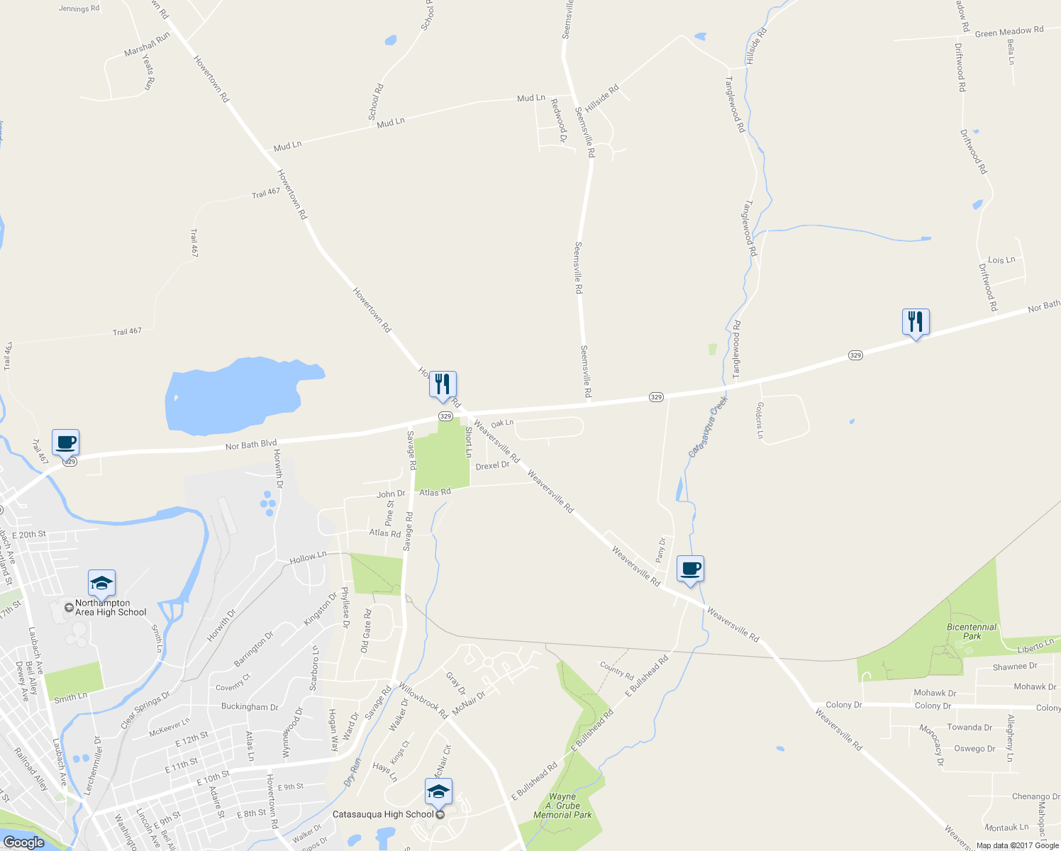 map of restaurants, bars, coffee shops, grocery stores, and more near 87 Oak Ln in Northampton