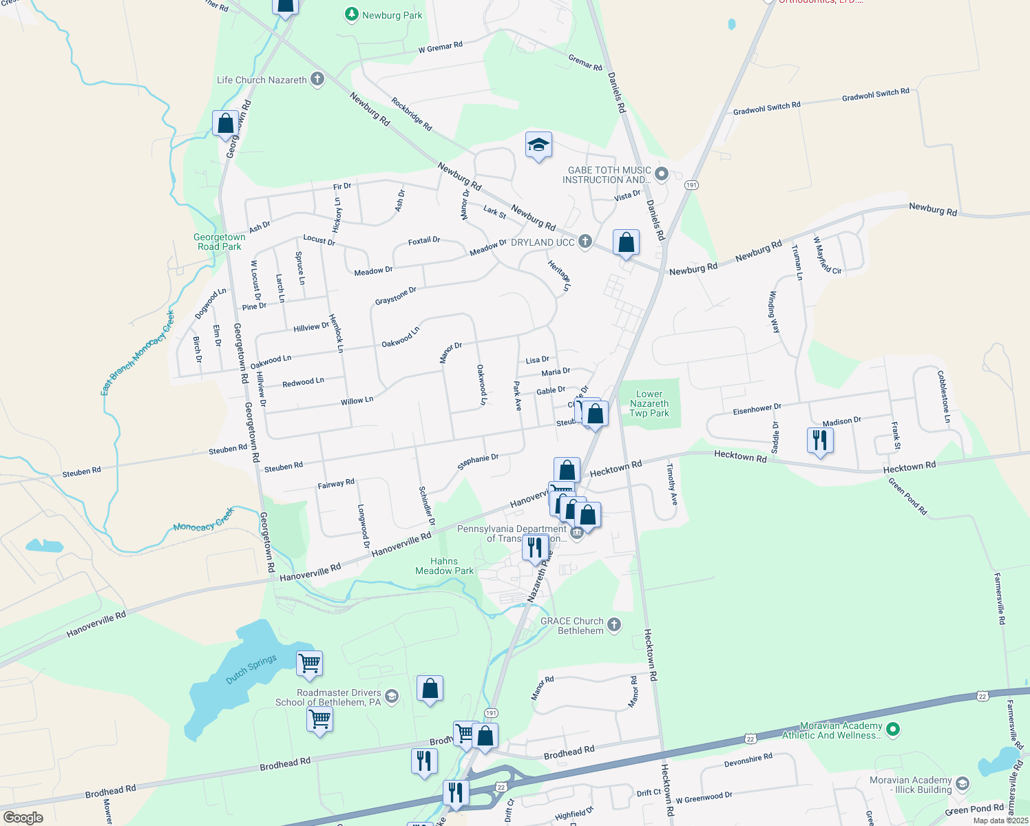 map of restaurants, bars, coffee shops, grocery stores, and more near 319 Park Avenue in Bethlehem