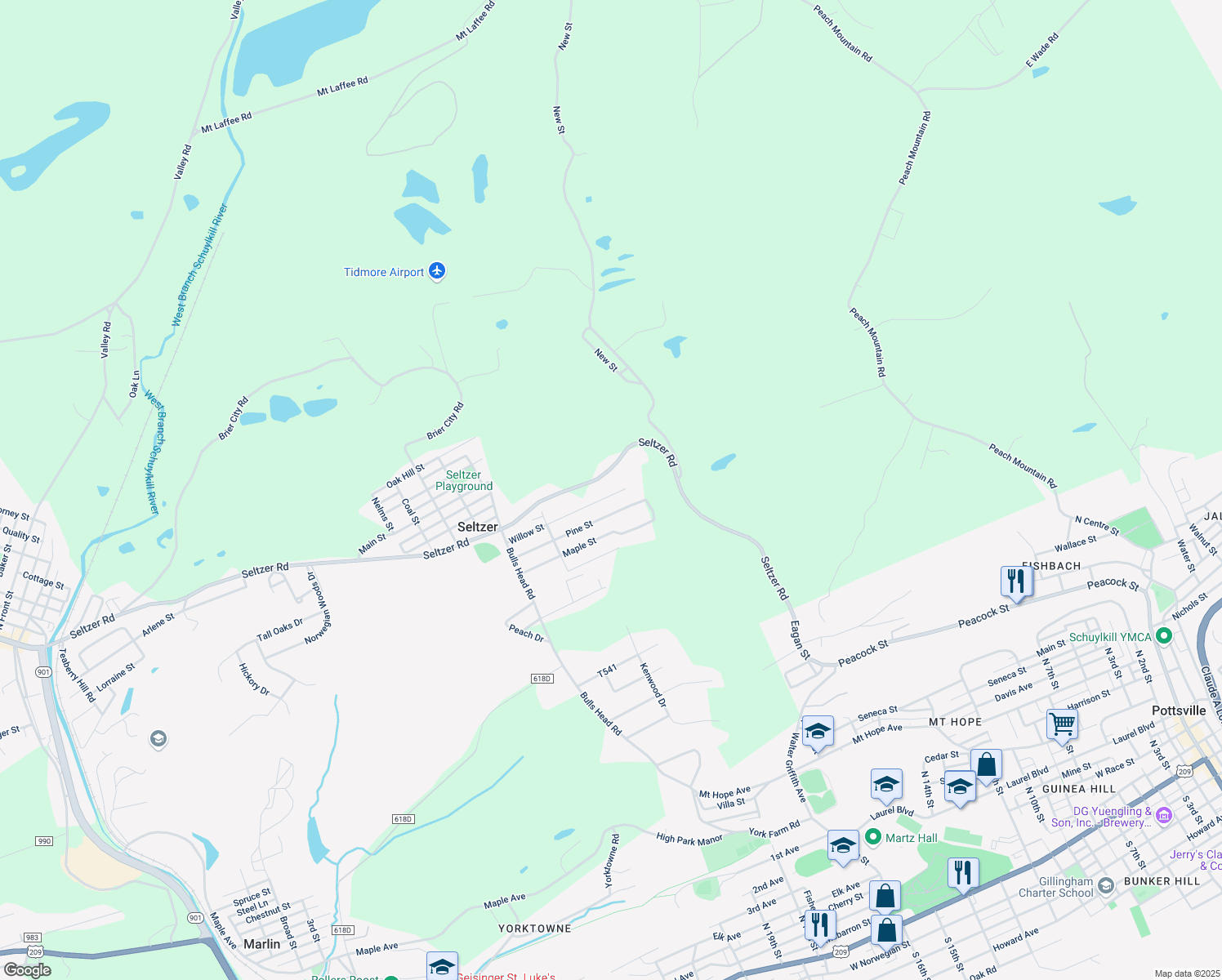 map of restaurants, bars, coffee shops, grocery stores, and more near 569 Willow Street in Pottsville